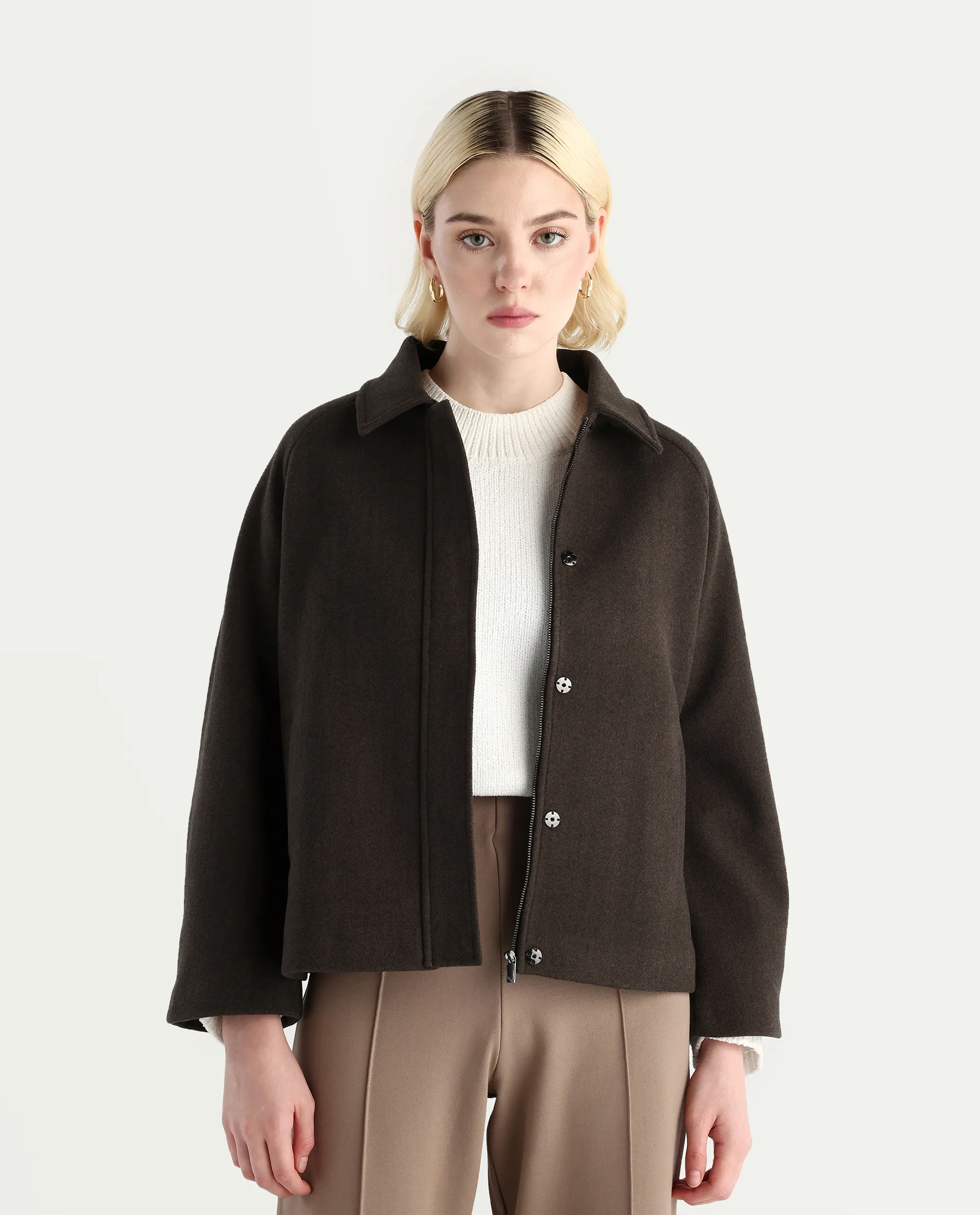 Rareism Women's Nicos Coffee Polyester Blend Collared Neck Jacket Plain Jacket - Image 3