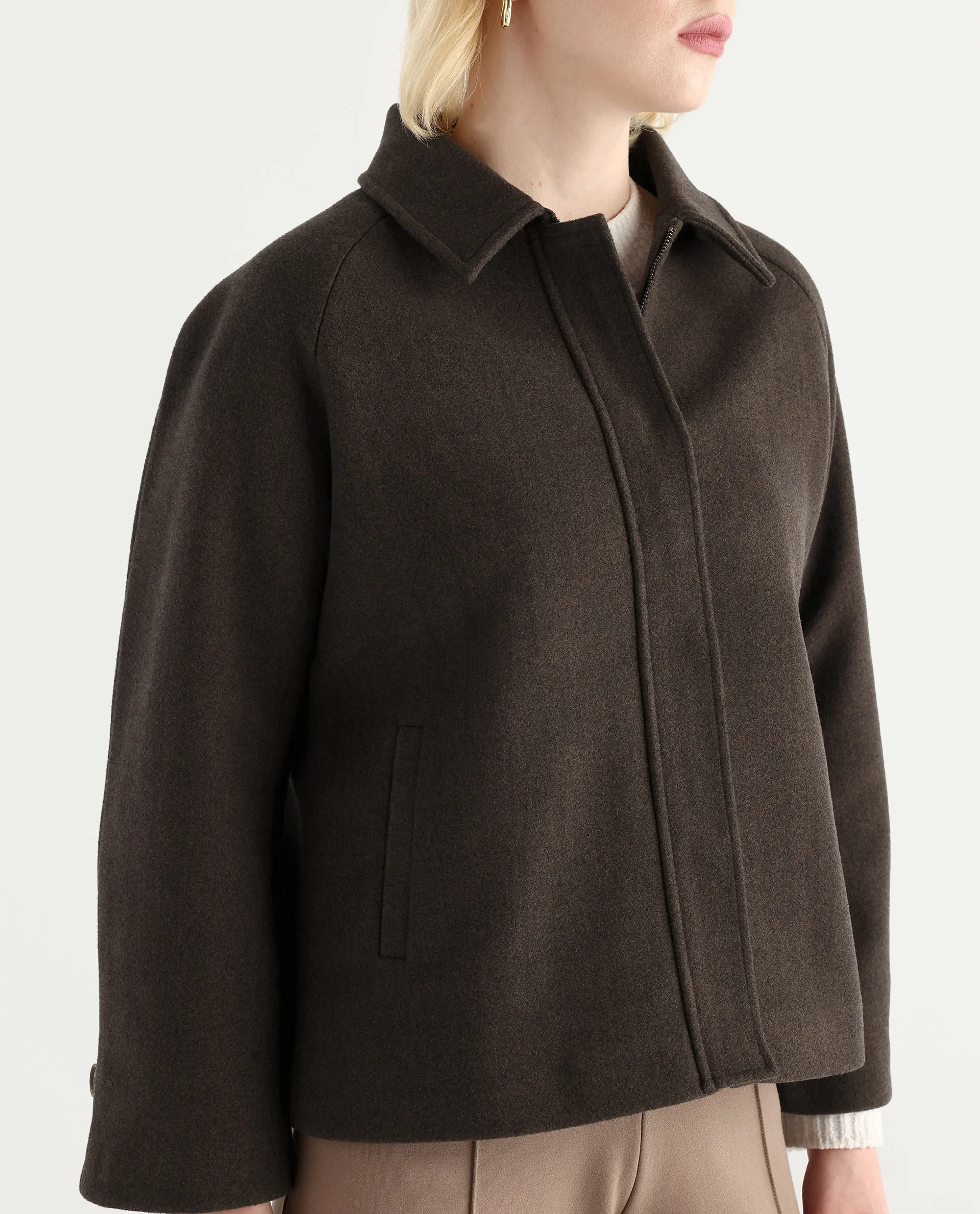 Rareism Women's Nicos Coffee Polyester Blend Collared Neck Jacket Plain Jacket - Image 4