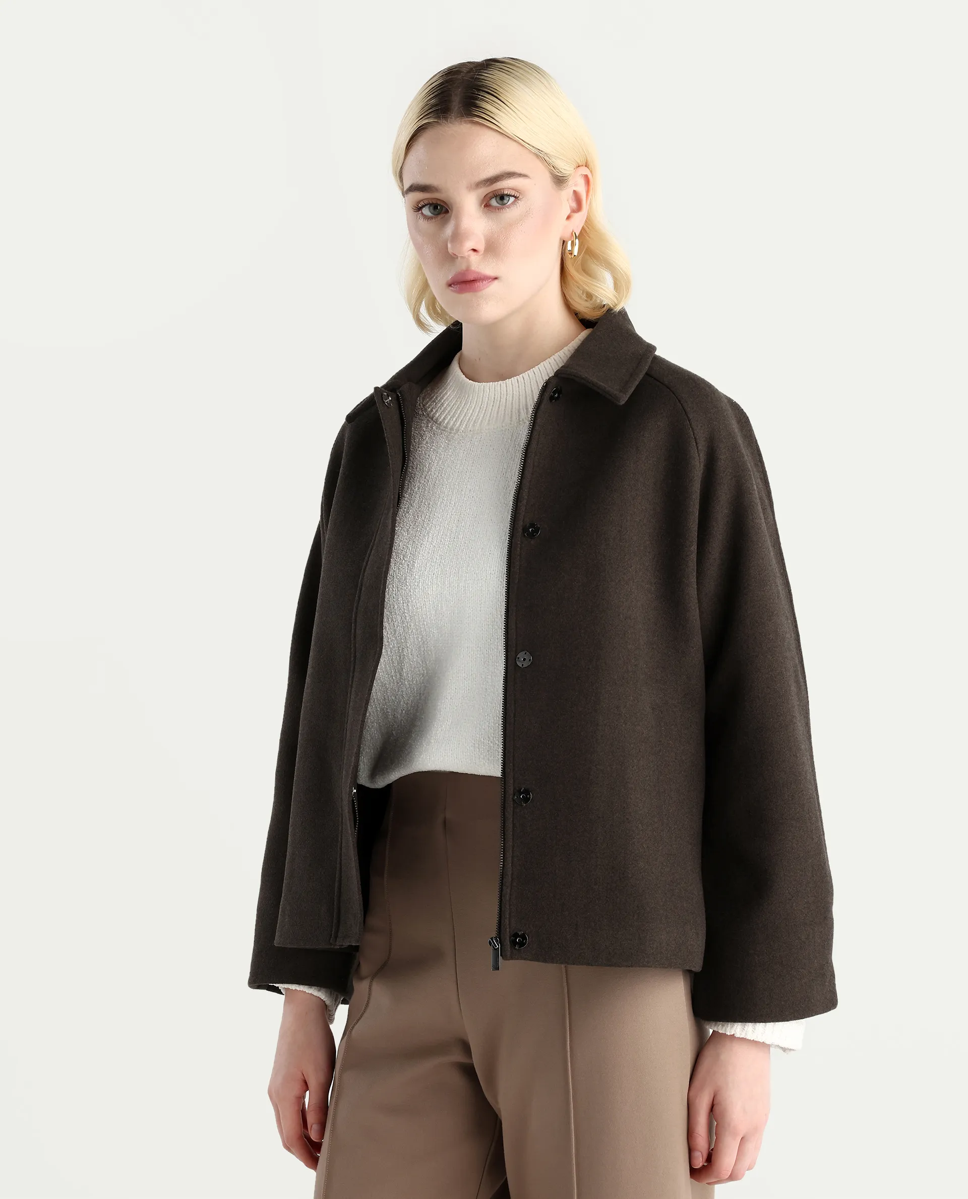 Rareism Women's Nicos Coffee Polyester Blend Collared Neck Jacket Plain Jacket - Image 5