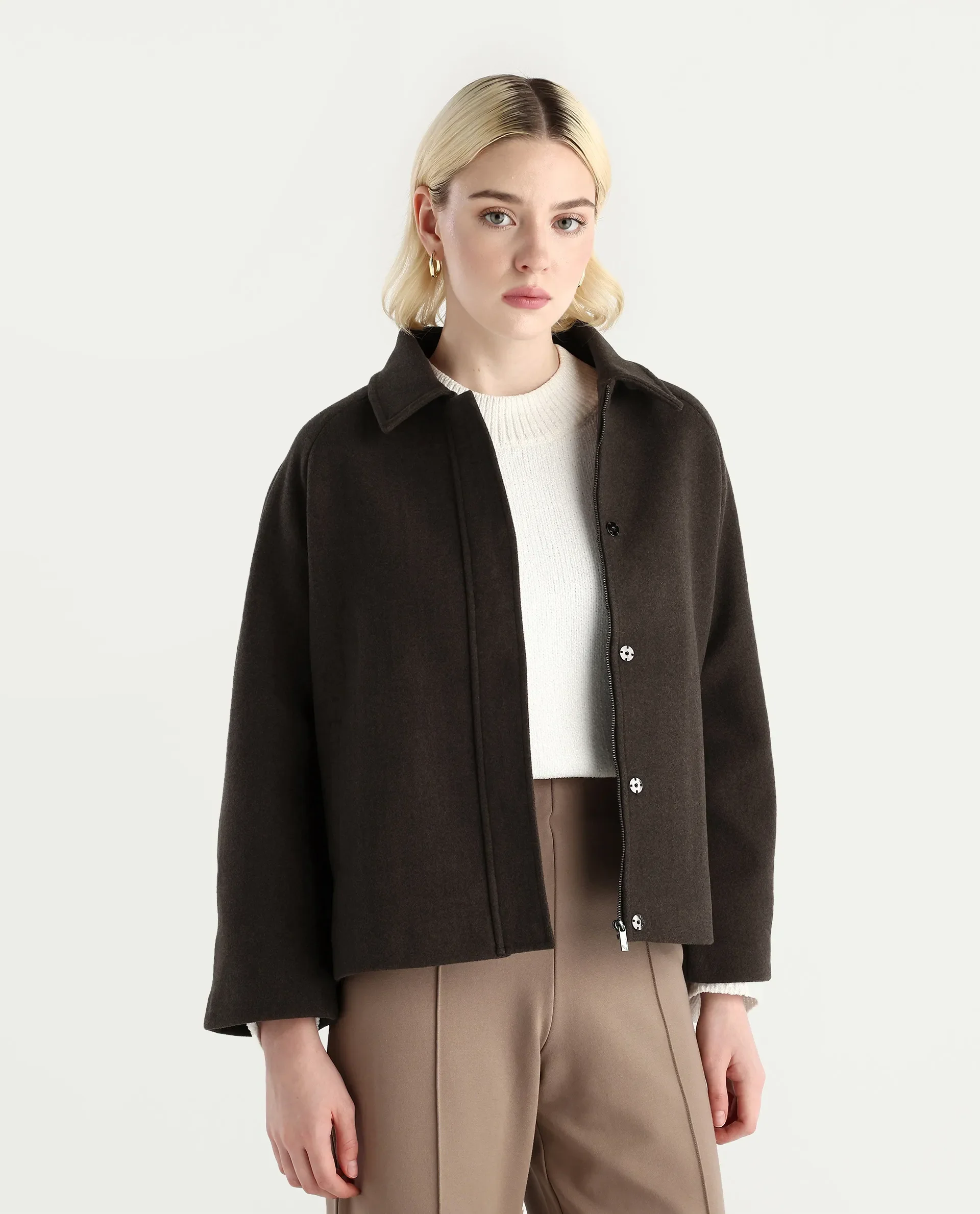 Rareism Women's Nicos Coffee Polyester Blend Collared Neck Jacket Plain Jacket - Image 6