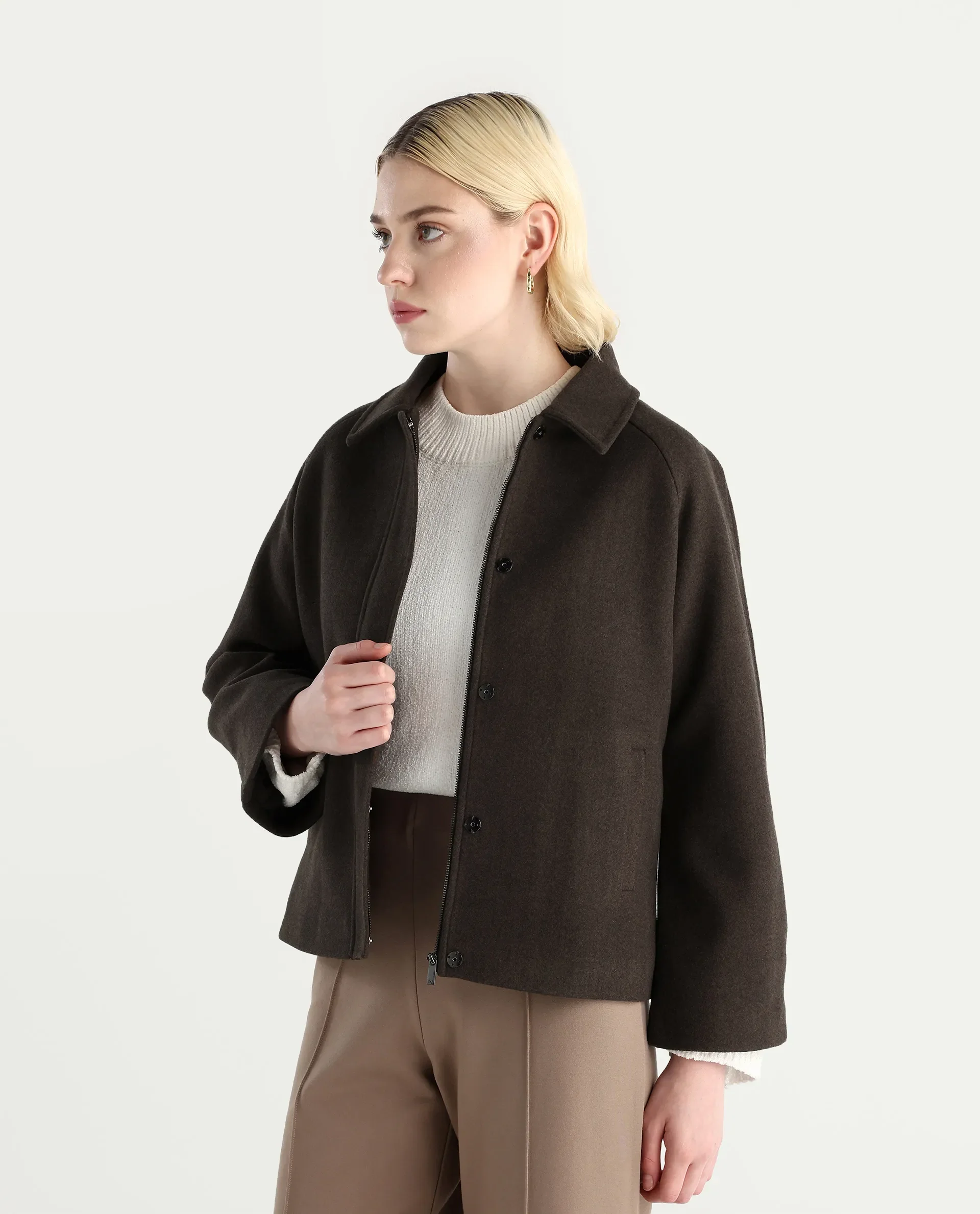 Rareism Women's Nicos Coffee Polyester Blend Collared Neck Jacket Plain Jacket - Image 7