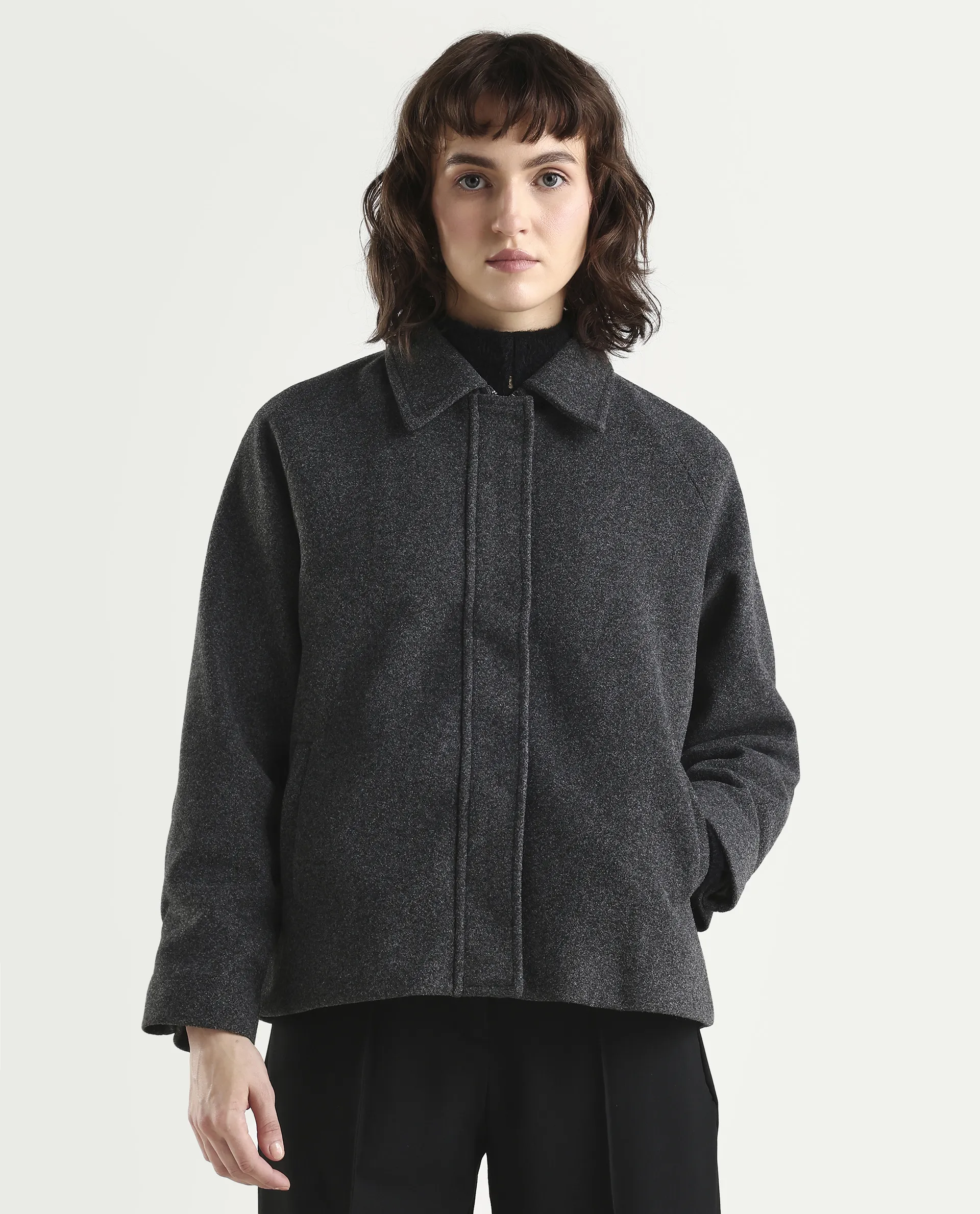 Rareism Women's Nicos Grey Polyester Blend Collared Neck Jacket Plain Jacket - Image 3