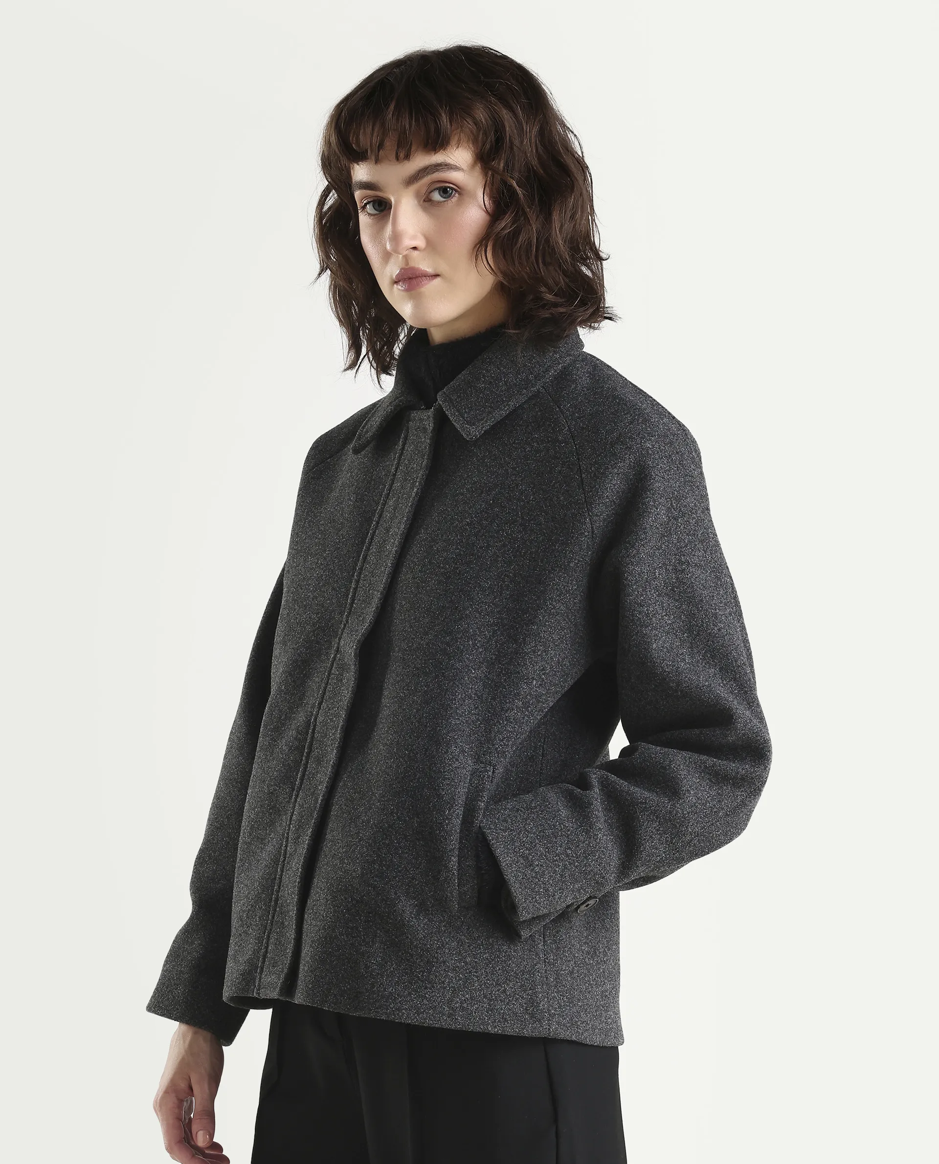 Rareism Women's Nicos Grey Polyester Blend Collared Neck Jacket Plain Jacket - Image 5