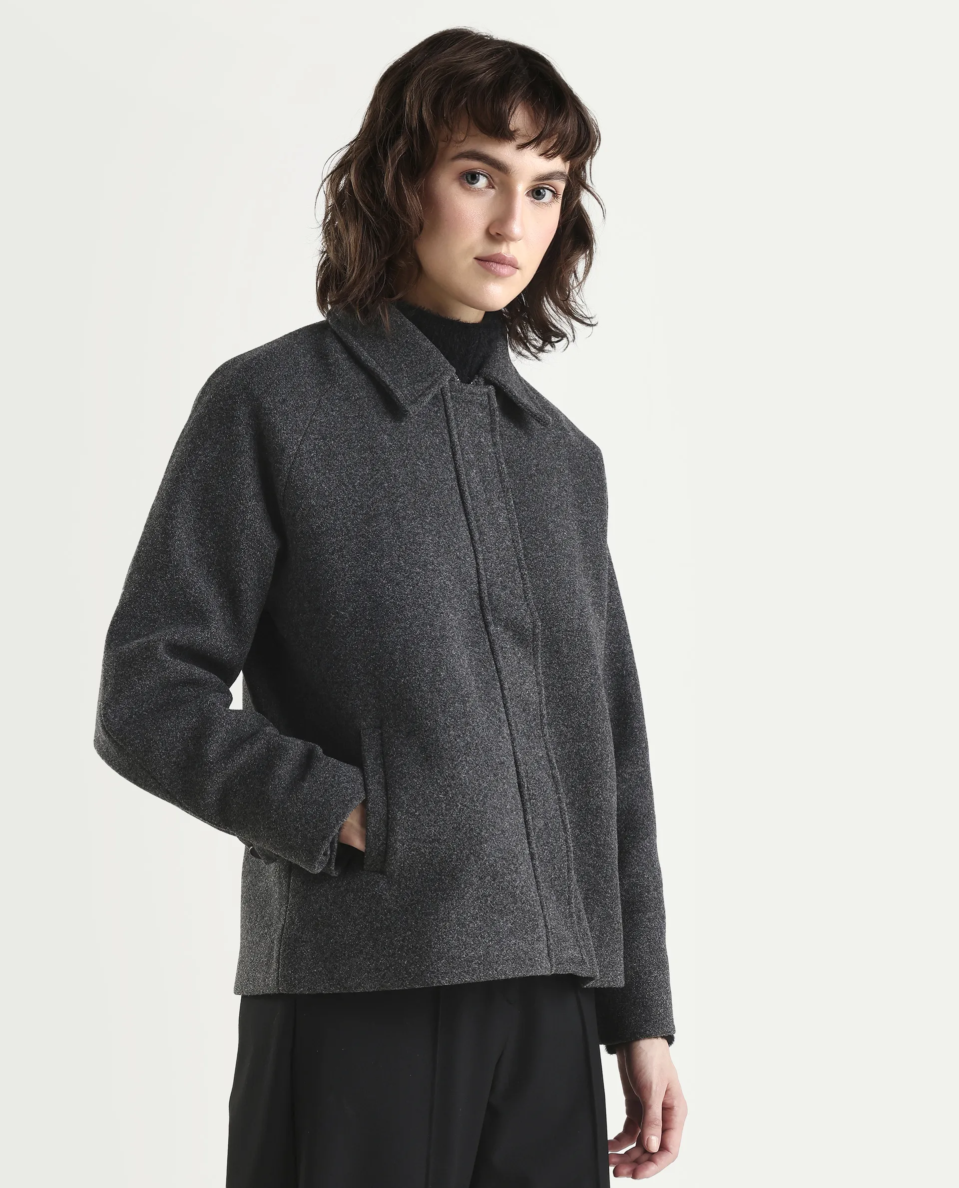 Rareism Women's Nicos Grey Polyester Blend Collared Neck Jacket Plain Jacket - Image 6