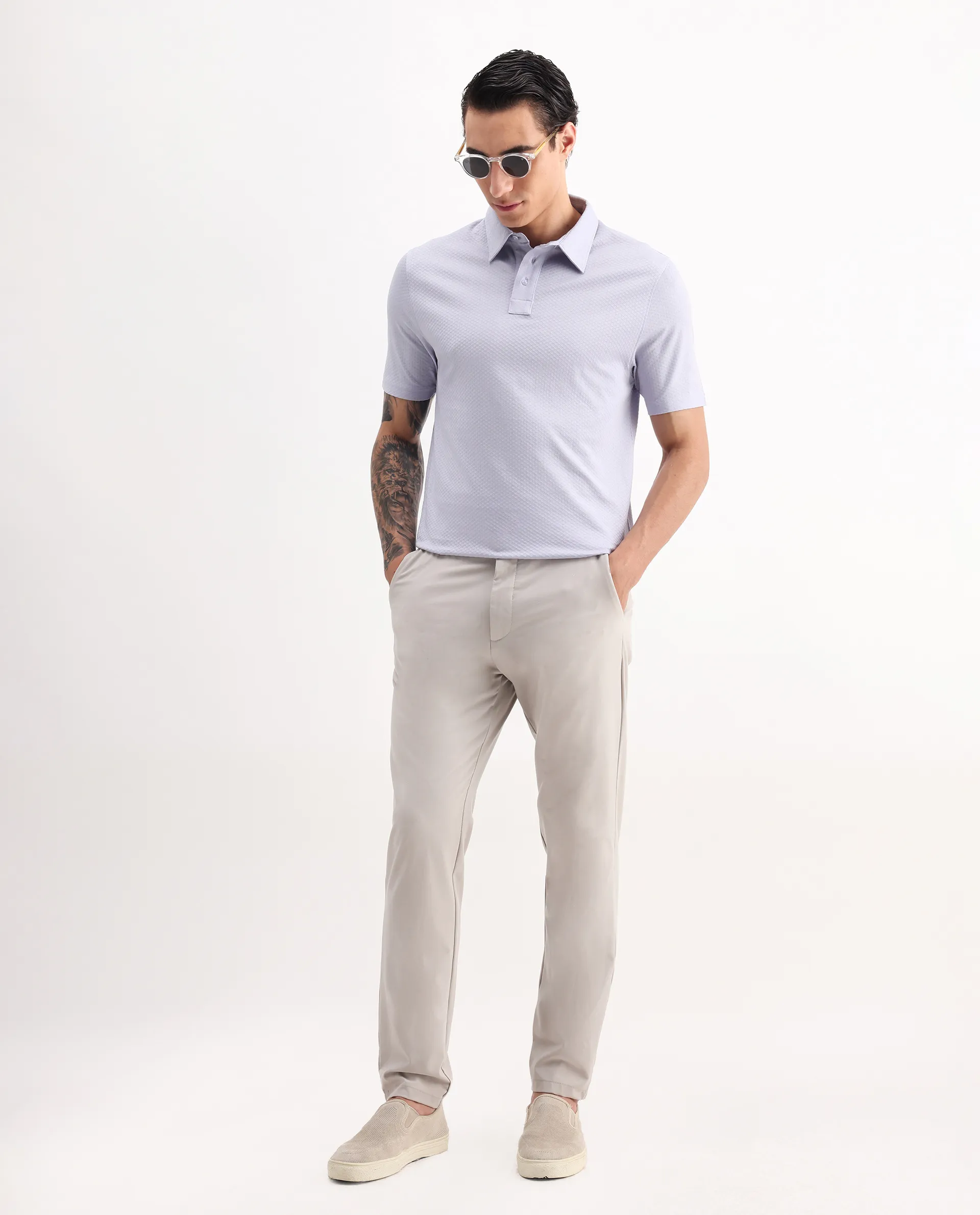 Rare Rabbit Men's Nielson Pastel Blue Cotton Textured Regular Fit Half Sleeve Polo - Image 2