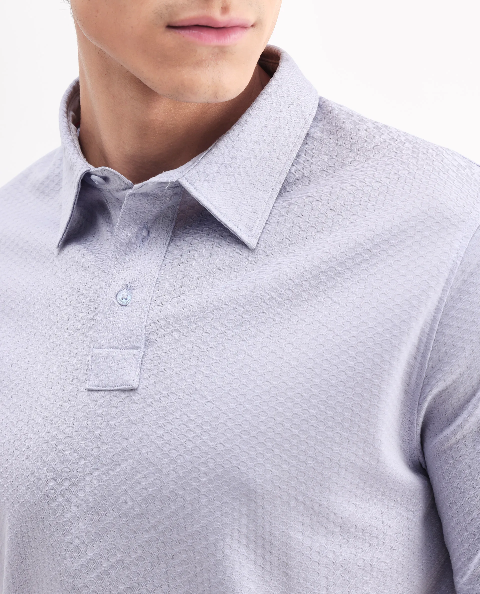 Rare Rabbit Men's Nielson Pastel Blue Cotton Textured Regular Fit Half Sleeve Polo - Image 3