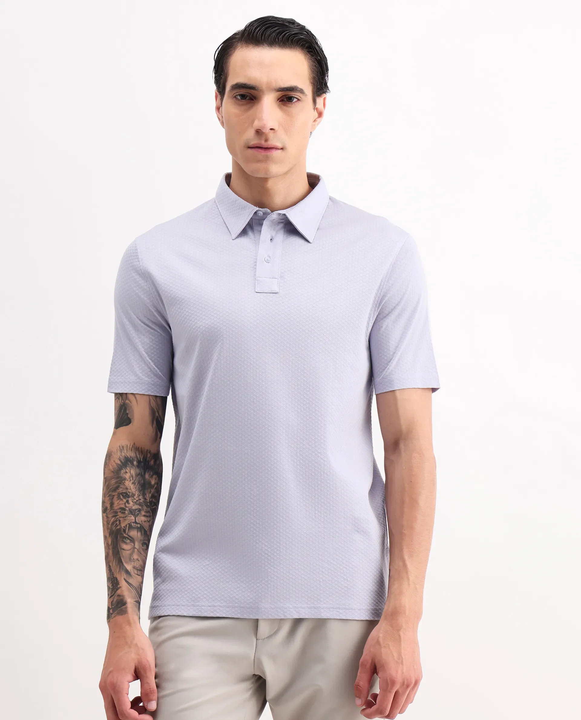 Rare Rabbit Men's Nielson Pastel Blue Cotton Textured Regular Fit Half Sleeve Polo - Image 4