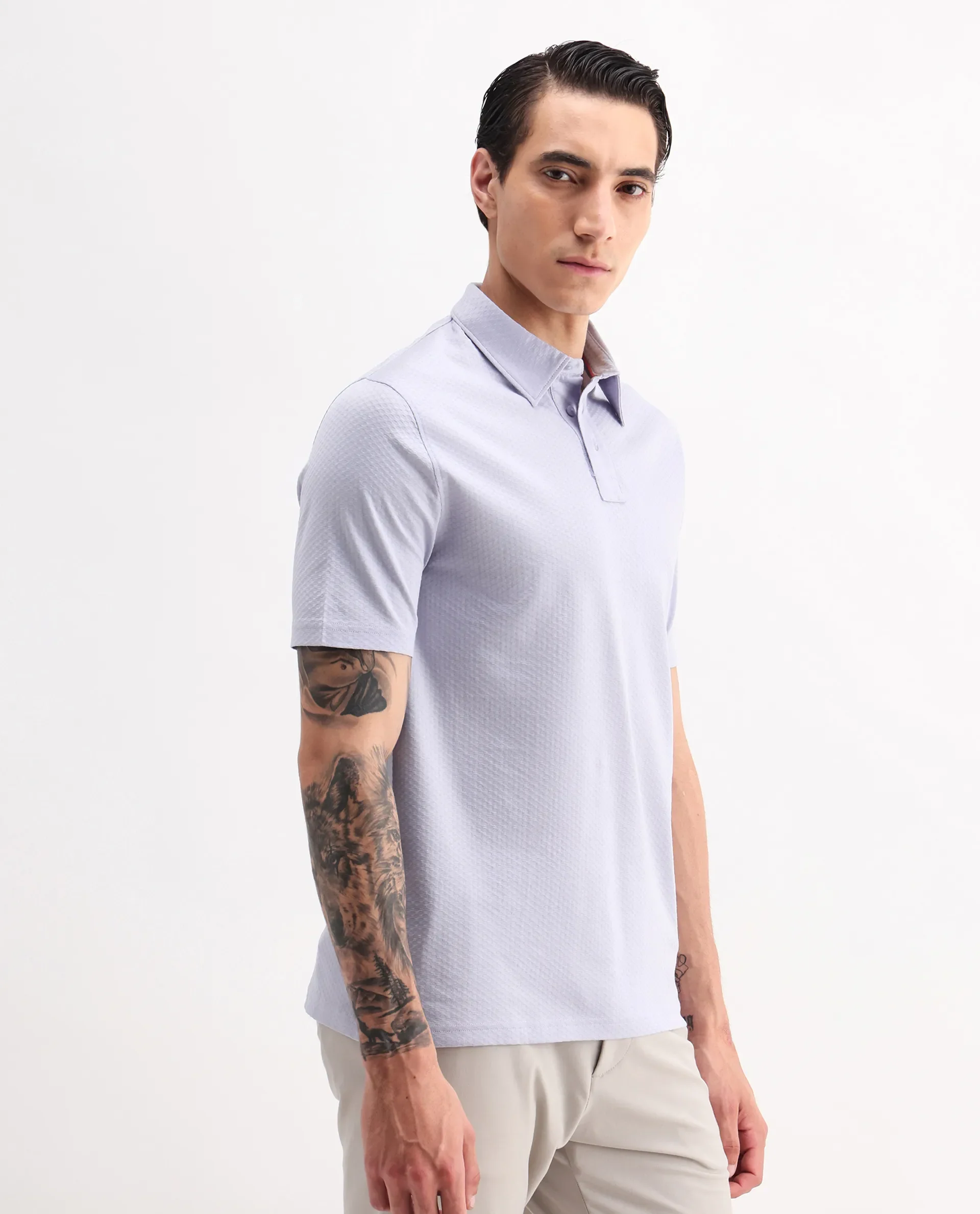 Rare Rabbit Men's Nielson Pastel Blue Cotton Textured Regular Fit Half Sleeve Polo - Image 5