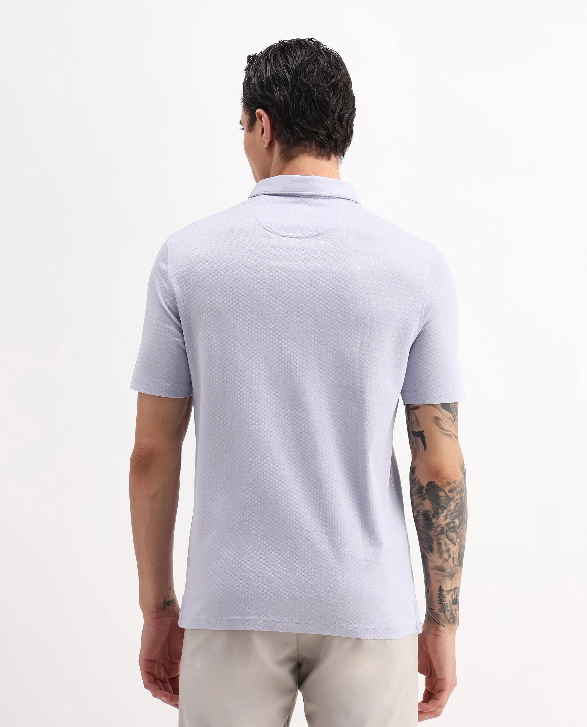 Rare Rabbit Men's Nielson Pastel Blue Cotton Textured Regular Fit Half Sleeve Polo - Image 6