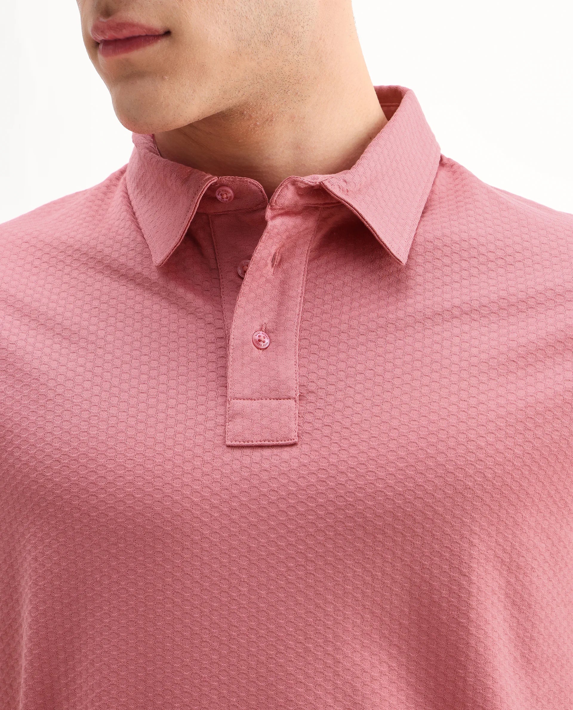 Rare Rabbit Men's Nielson Pastel Pink Cotton Textured Regular Fit Half Sleeve Polo - Image 3