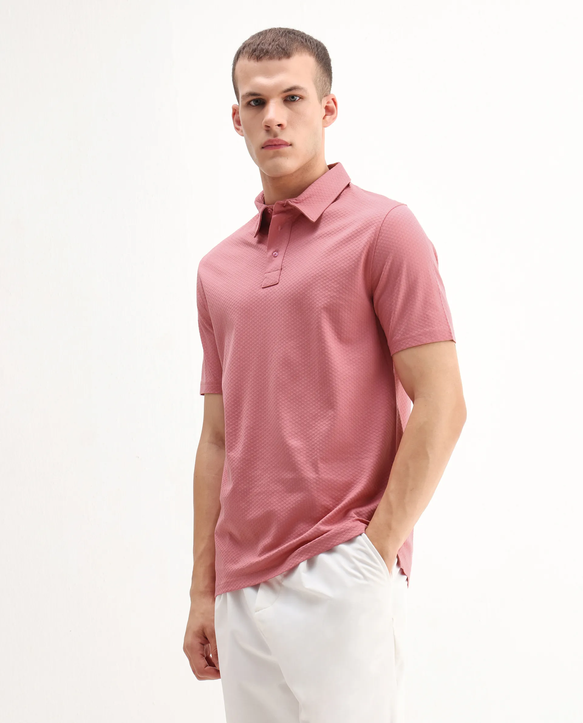 Rare Rabbit Men's Nielson Pastel Pink Cotton Textured Regular Fit Half Sleeve Polo - Image 4