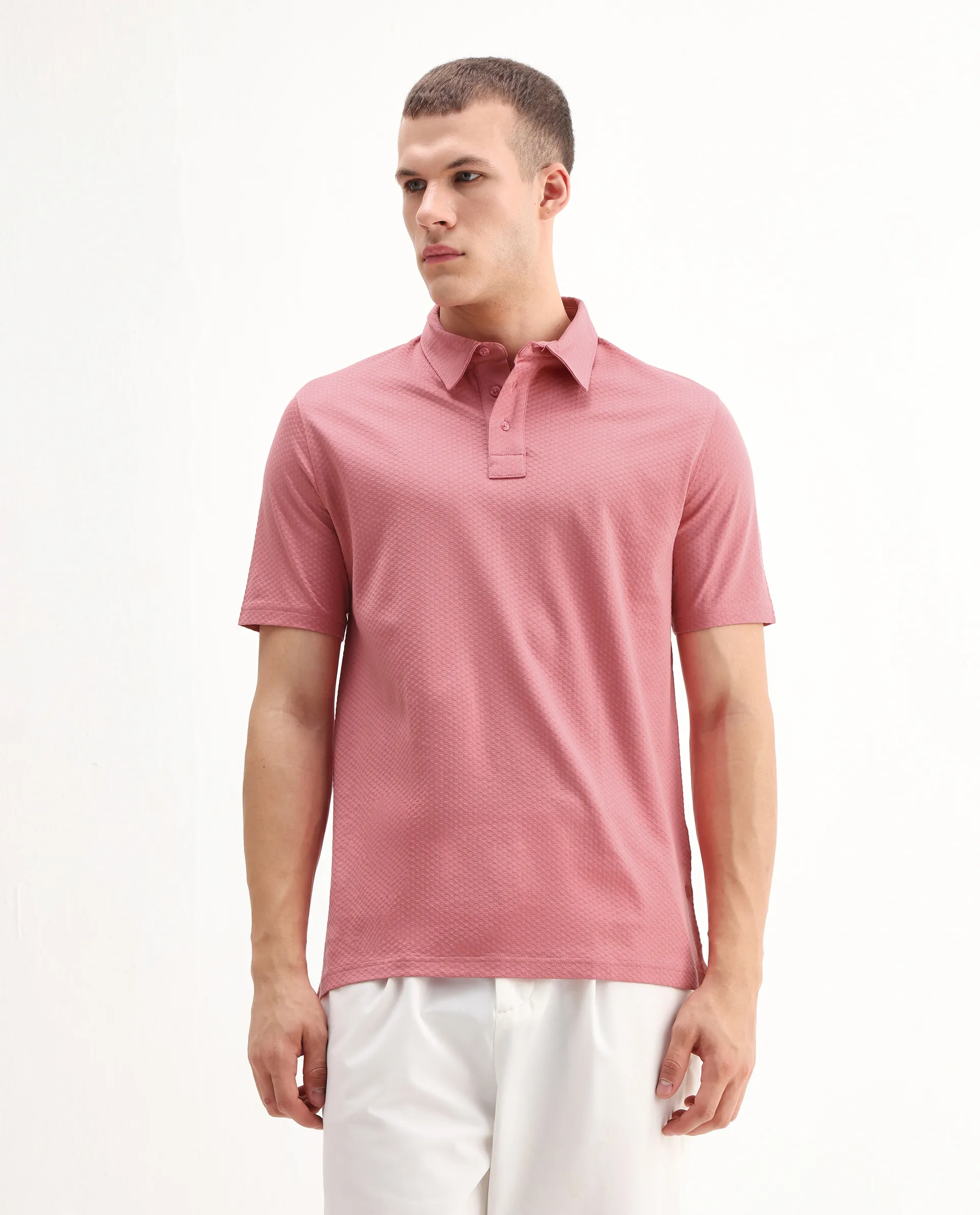 Rare Rabbit Men's Nielson Pastel Pink Cotton Textured Regular Fit Half Sleeve Polo - Image 5