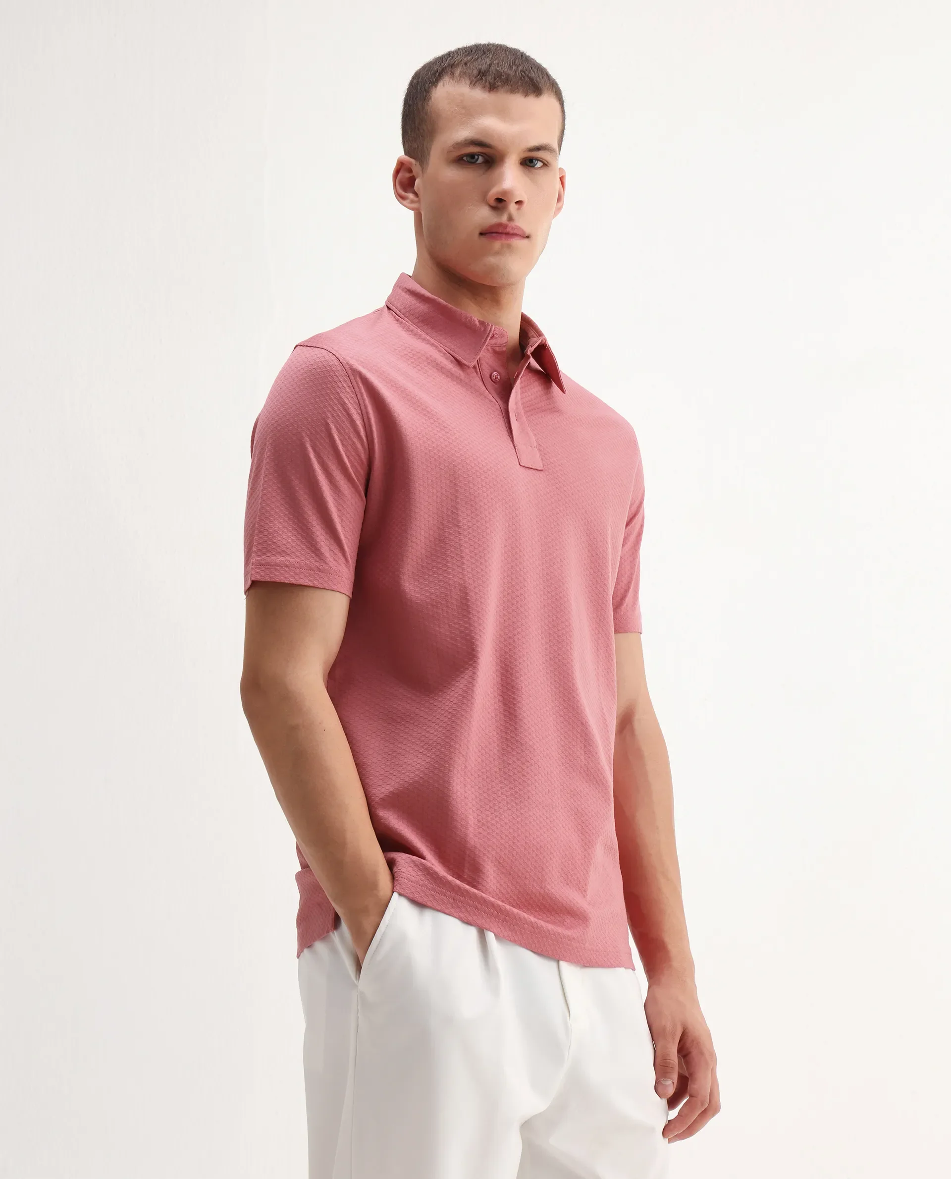 Rare Rabbit Men's Nielson Pastel Pink Cotton Textured Regular Fit Half Sleeve Polo - Image 6