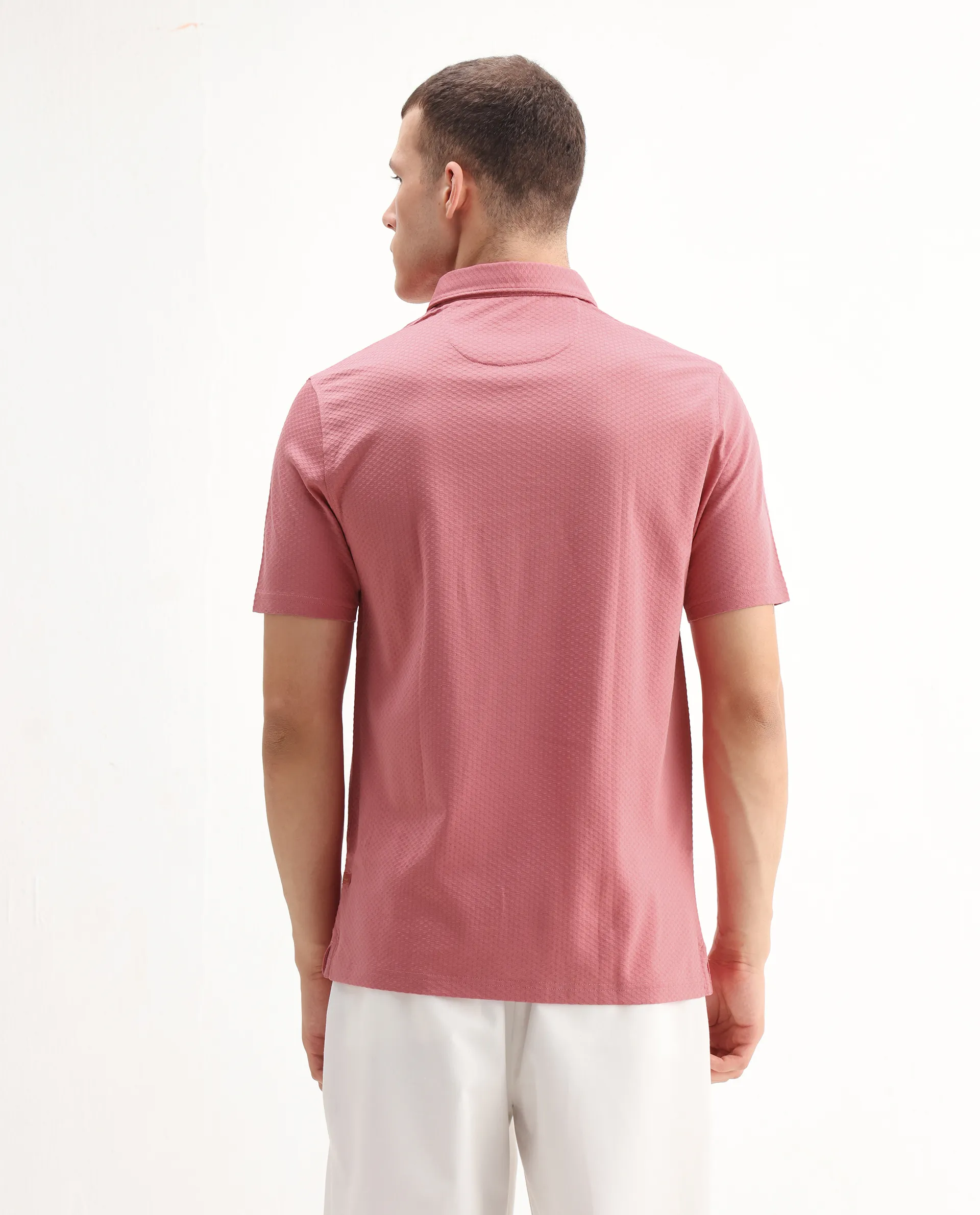Rare Rabbit Men's Nielson Pastel Pink Cotton Textured Regular Fit Half Sleeve Polo - Image 7