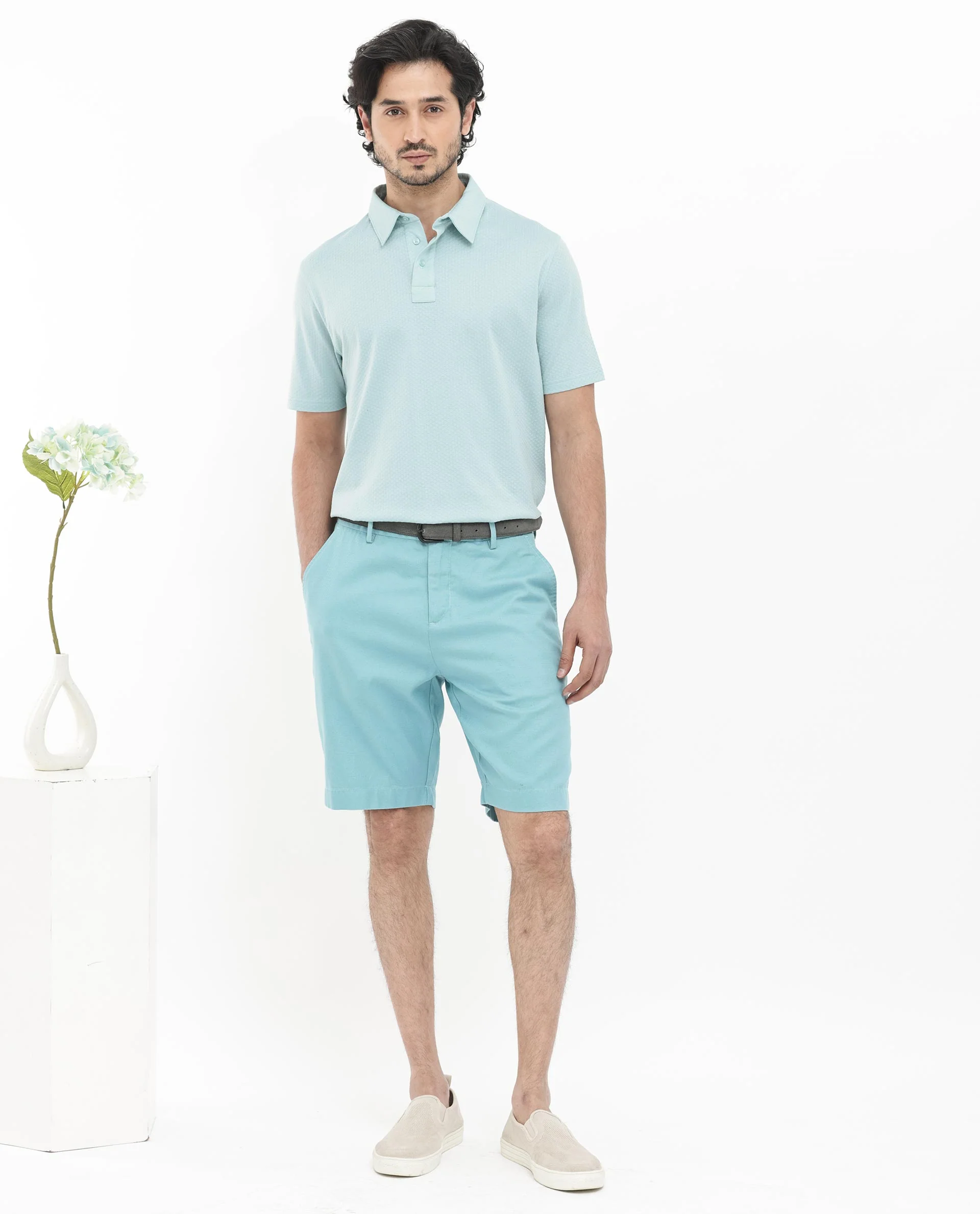 Rare Rabbit Men's Nielson Pastel Turq Cotton Textured Regular Fit Half Sleeve Polo - Image 2