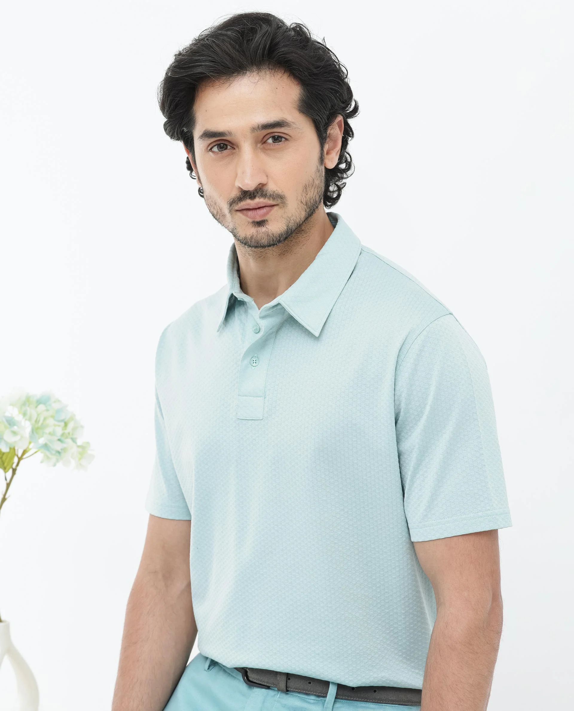 Rare Rabbit Men's Nielson Pastel Turq Cotton Textured Regular Fit Half Sleeve Polo - Image 3