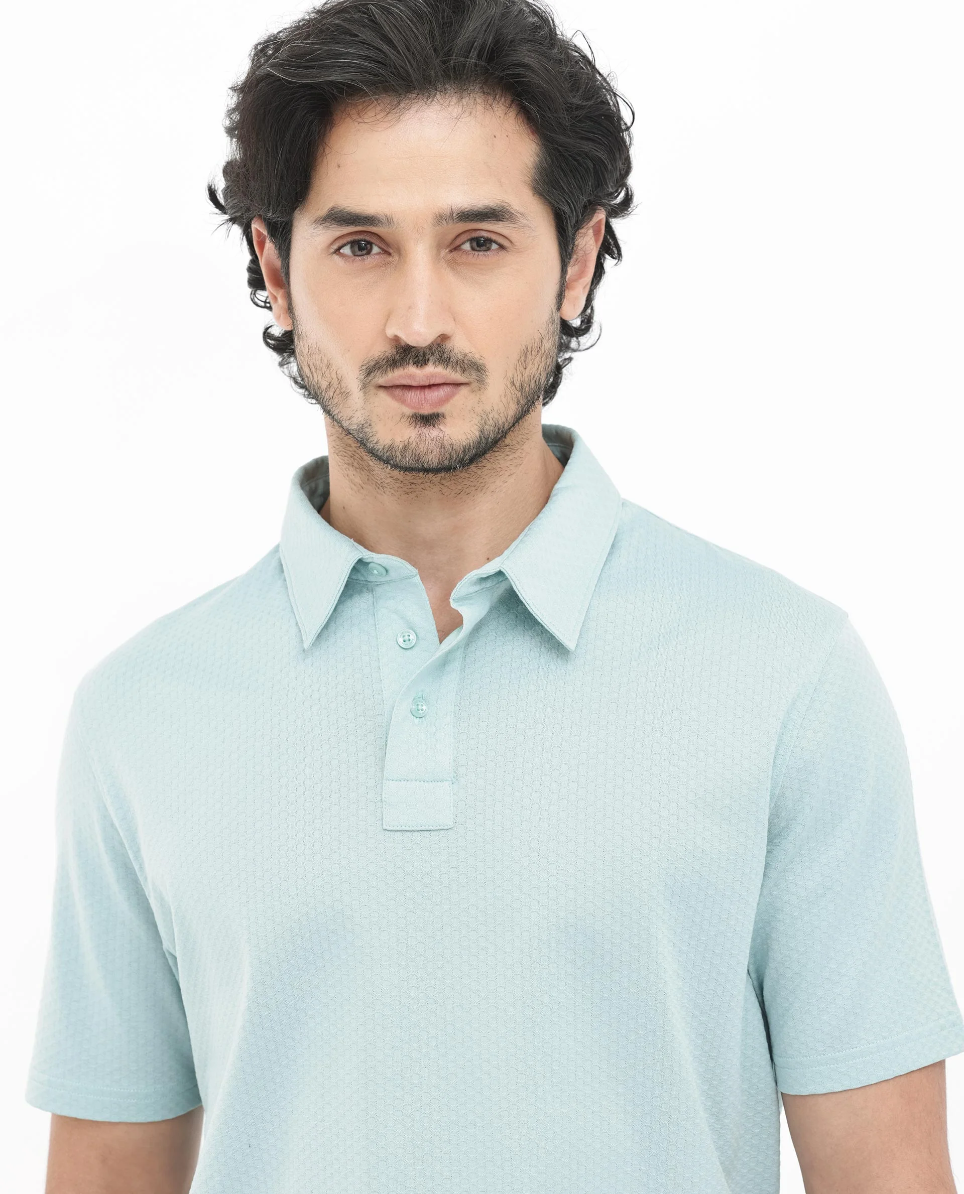 Rare Rabbit Men's Nielson Pastel Turq Cotton Textured Regular Fit Half Sleeve Polo - Image 4