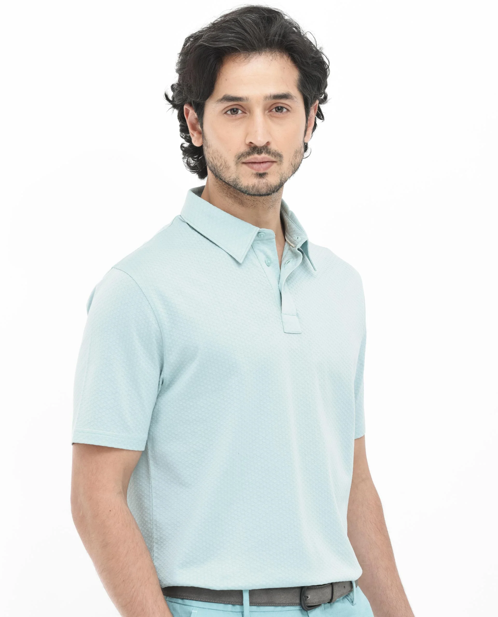 Rare Rabbit Men's Nielson Pastel Turq Cotton Textured Regular Fit Half Sleeve Polo - Image 6