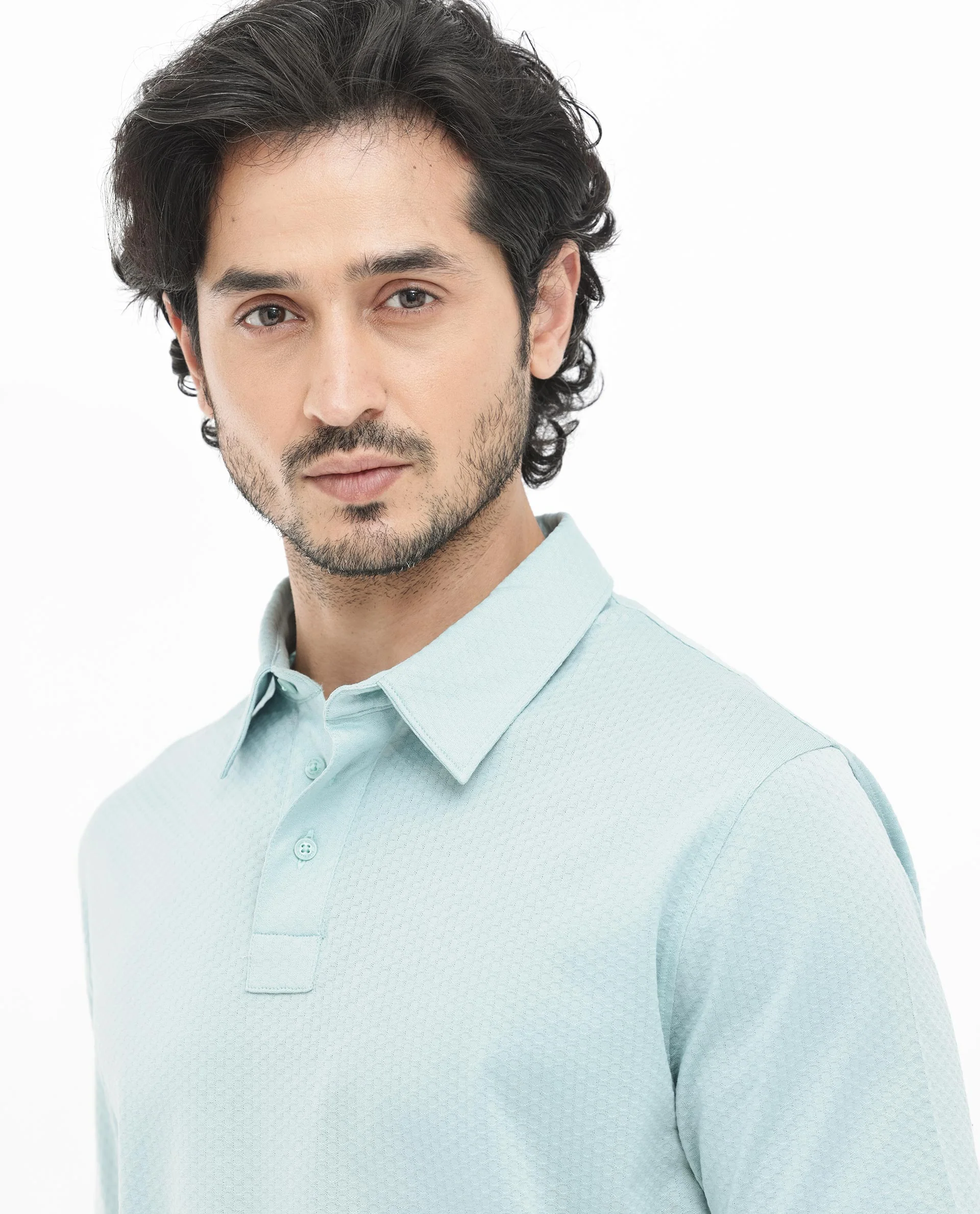 Rare Rabbit Men's Nielson Pastel Turq Cotton Textured Regular Fit Half Sleeve Polo - Image 7