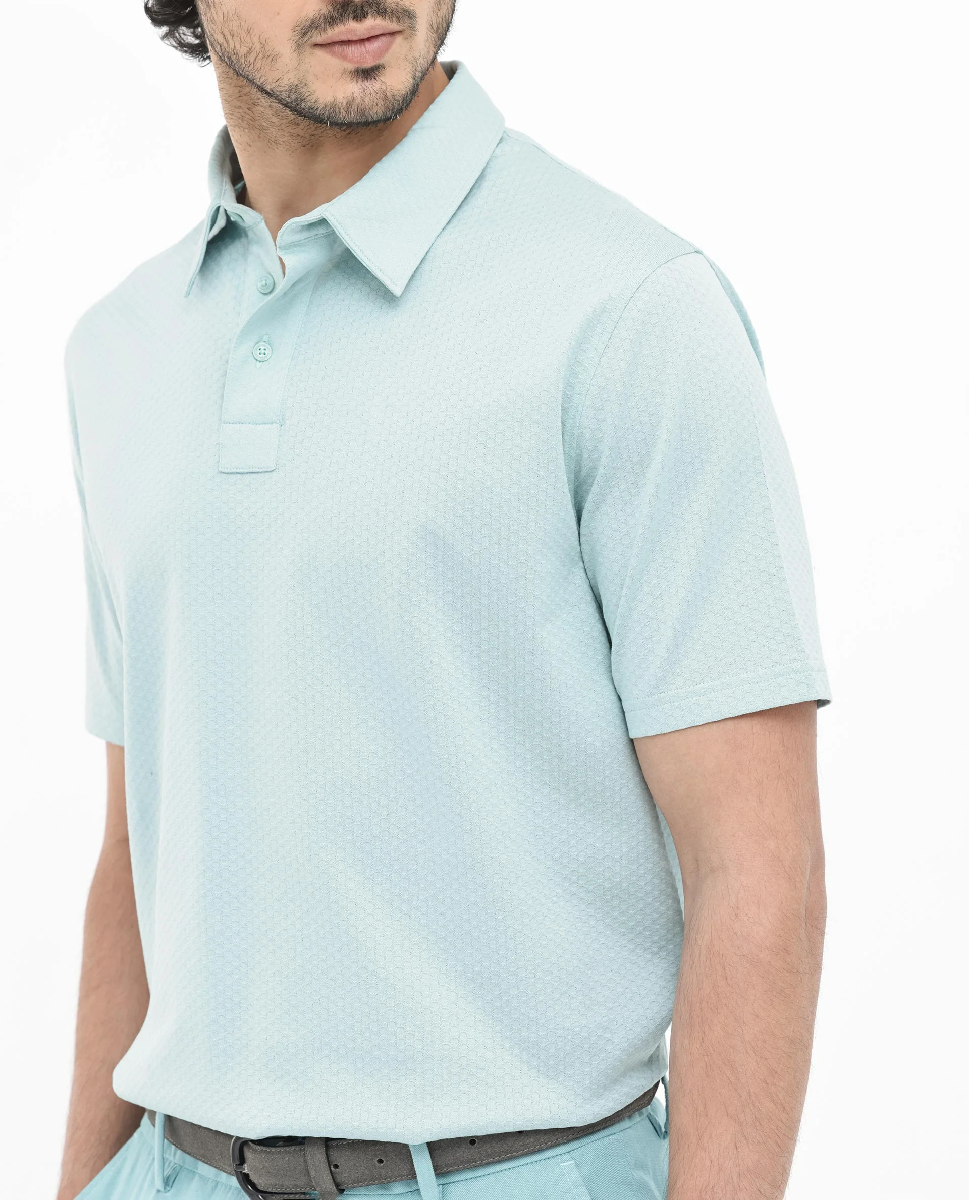 Rare Rabbit Men's Nielson Pastel Turq Cotton Textured Regular Fit Half Sleeve Polo - Image 8