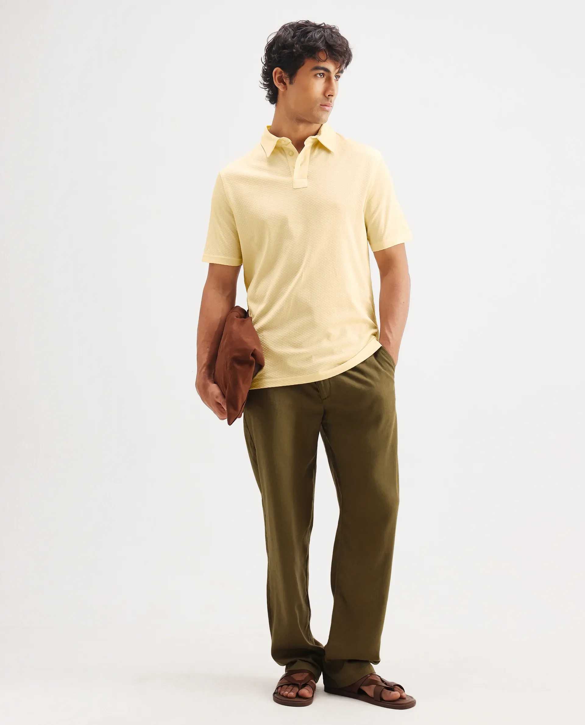 Rare Rabbit Men's Nielson Pastel Yellow Cotton Textured Regular Fit Half Sleeve Polo - Image 2