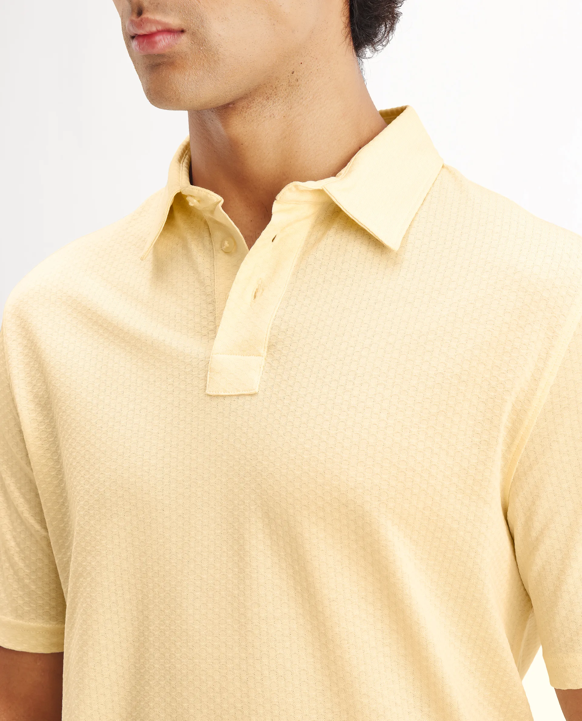 Rare Rabbit Men's Nielson Pastel Yellow Cotton Textured Regular Fit Half Sleeve Polo - Image 3