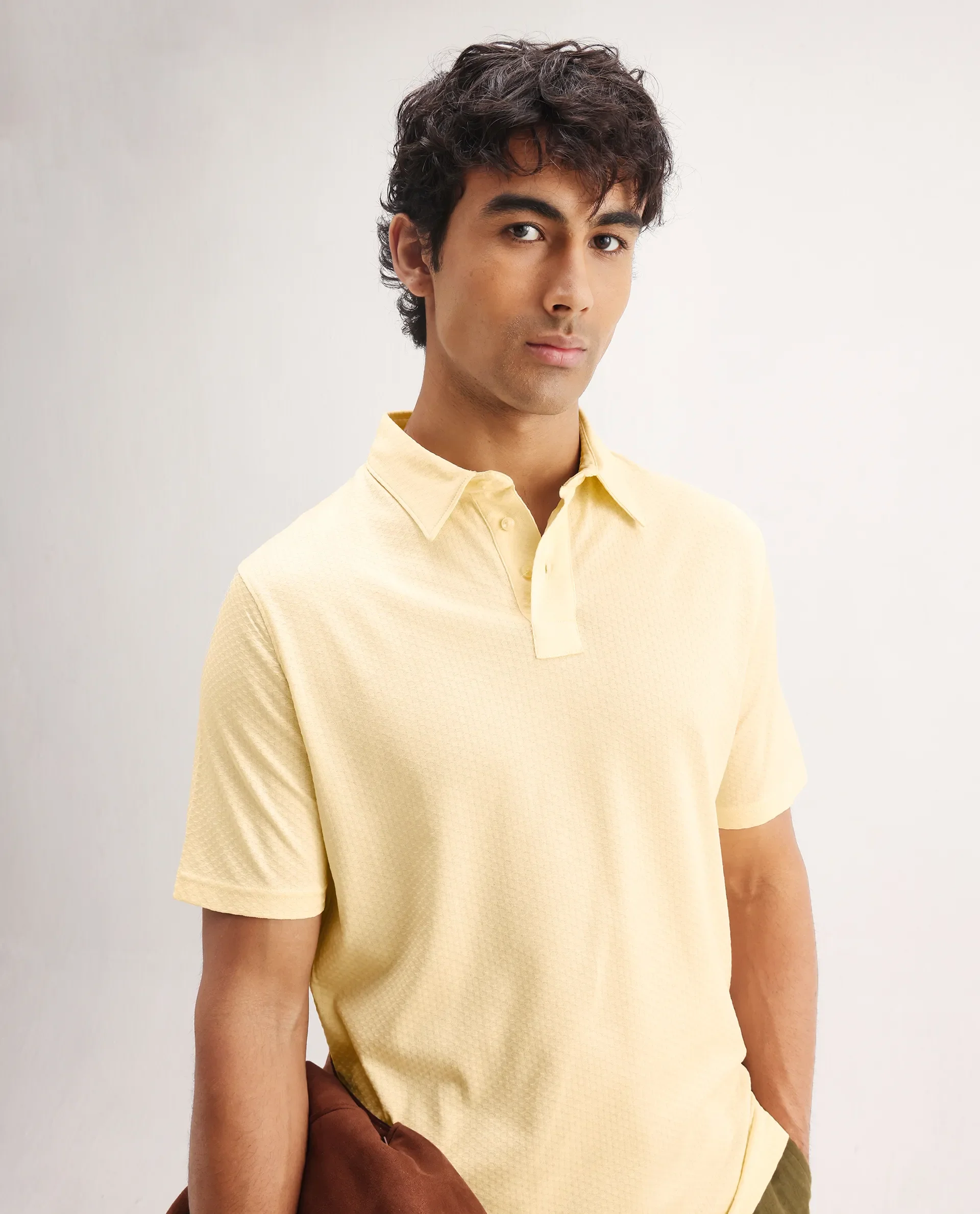 Rare Rabbit Men's Nielson Pastel Yellow Cotton Textured Regular Fit Half Sleeve Polo - Image 4