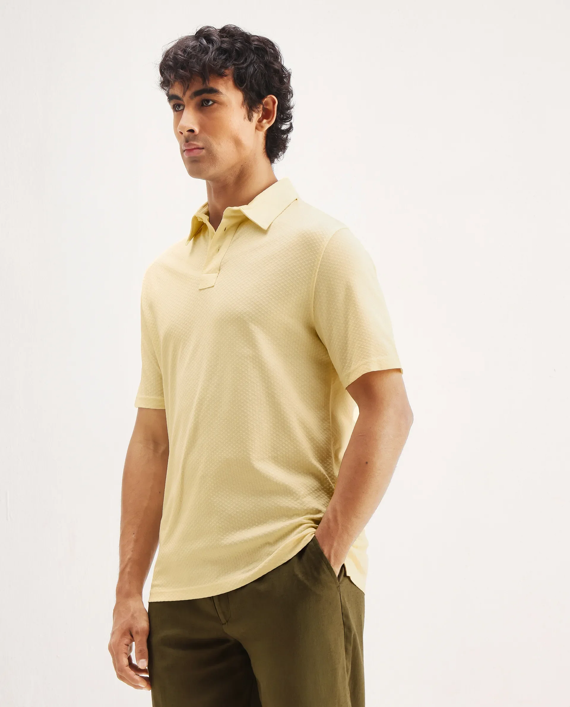 Rare Rabbit Men's Nielson Pastel Yellow Cotton Textured Regular Fit Half Sleeve Polo - Image 5