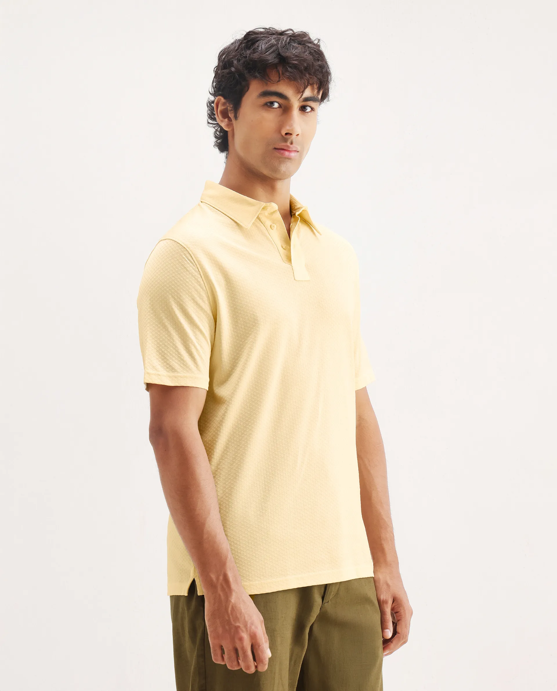 Rare Rabbit Men's Nielson Pastel Yellow Cotton Textured Regular Fit Half Sleeve Polo - Image 6