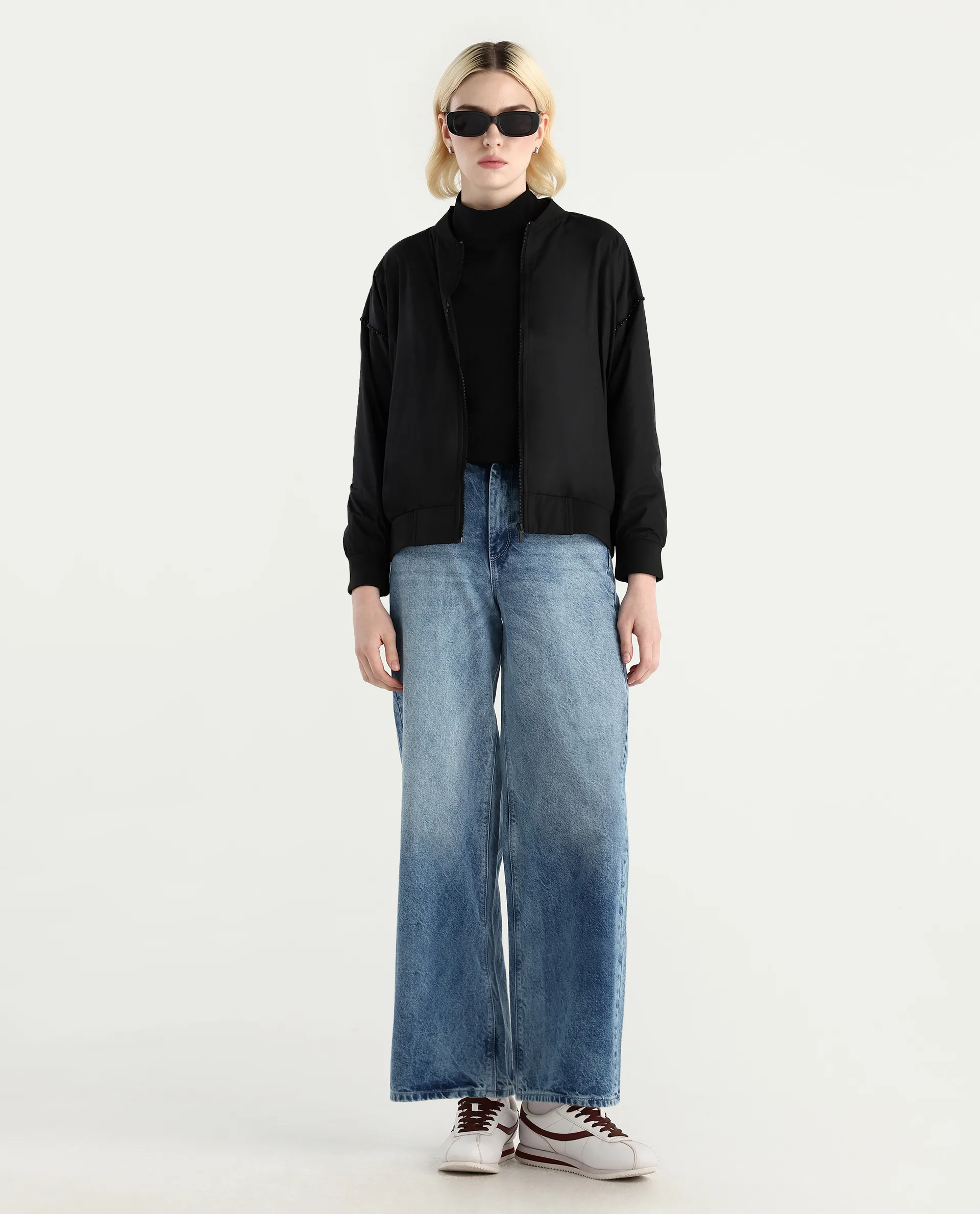 Rareism Women's Nifreen Black Polyester Rib Collar Boxy Plain Jacket - Image 2