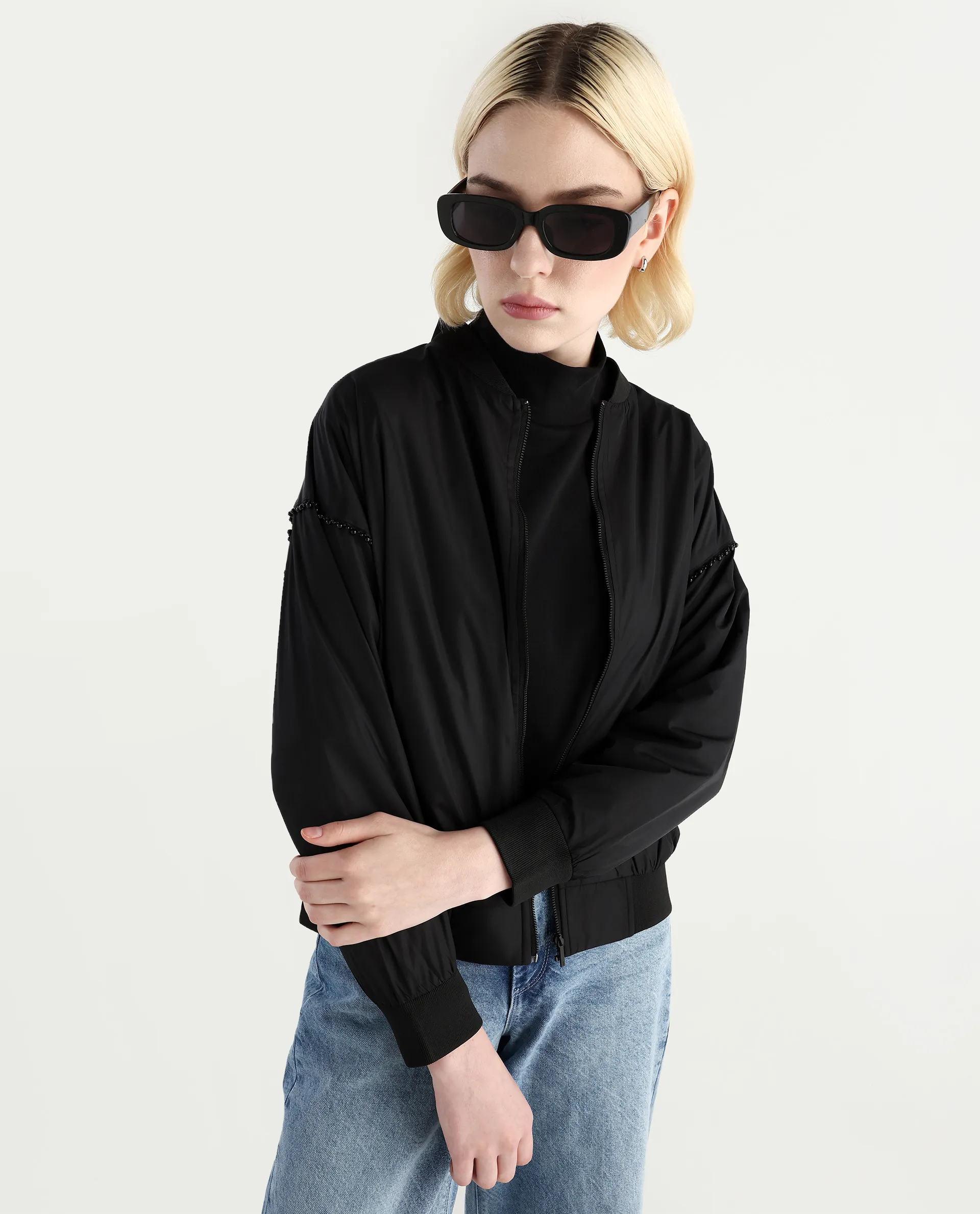 Rareism Women's Nifreen Black Polyester Rib Collar Boxy Plain Jacket - Image 3