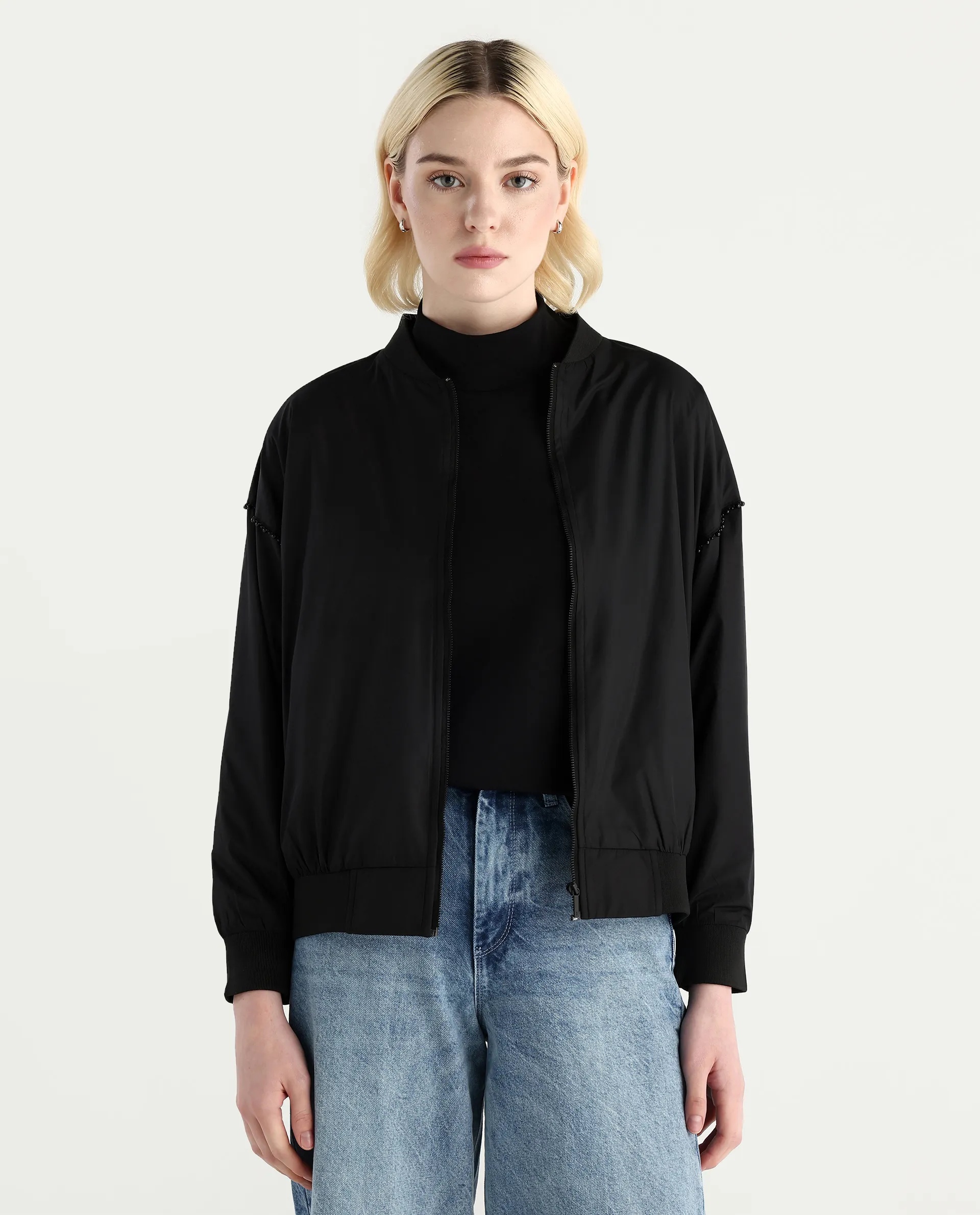 Rareism Women's Nifreen Black Polyester Rib Collar Boxy Plain Jacket - Image 4