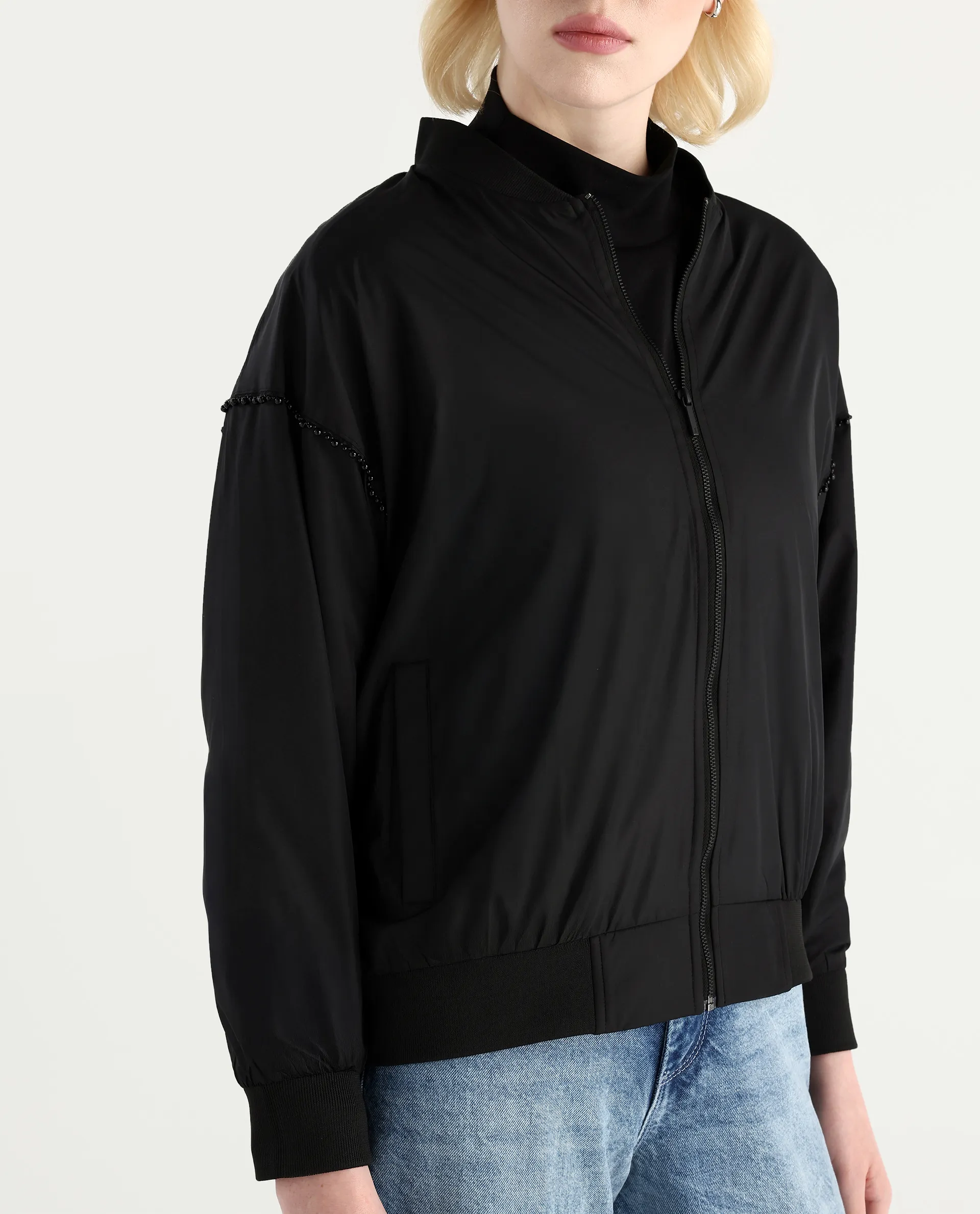 Rareism Women's Nifreen Black Polyester Rib Collar Boxy Plain Jacket - Image 5