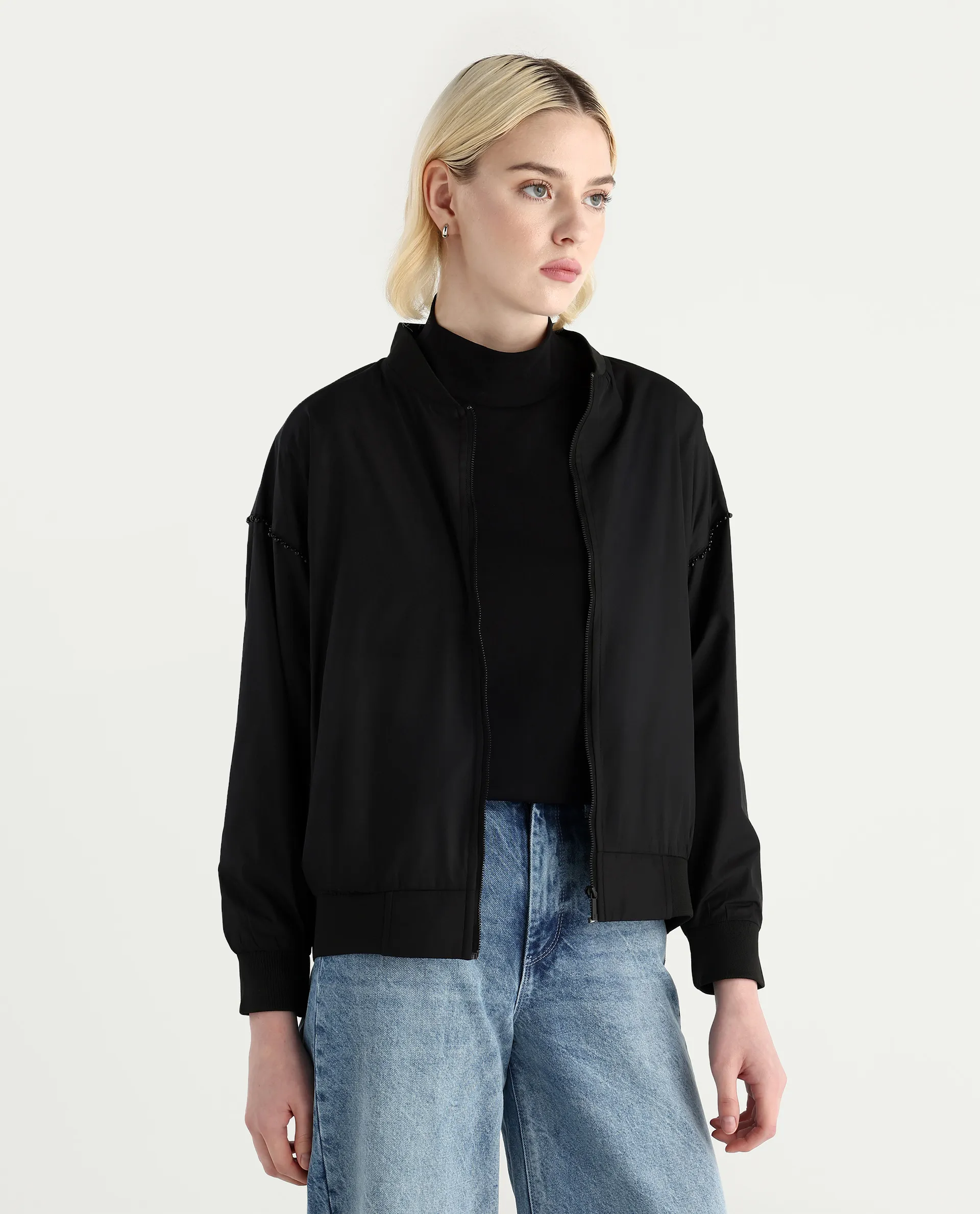 Rareism Women's Nifreen Black Polyester Rib Collar Boxy Plain Jacket - Image 6