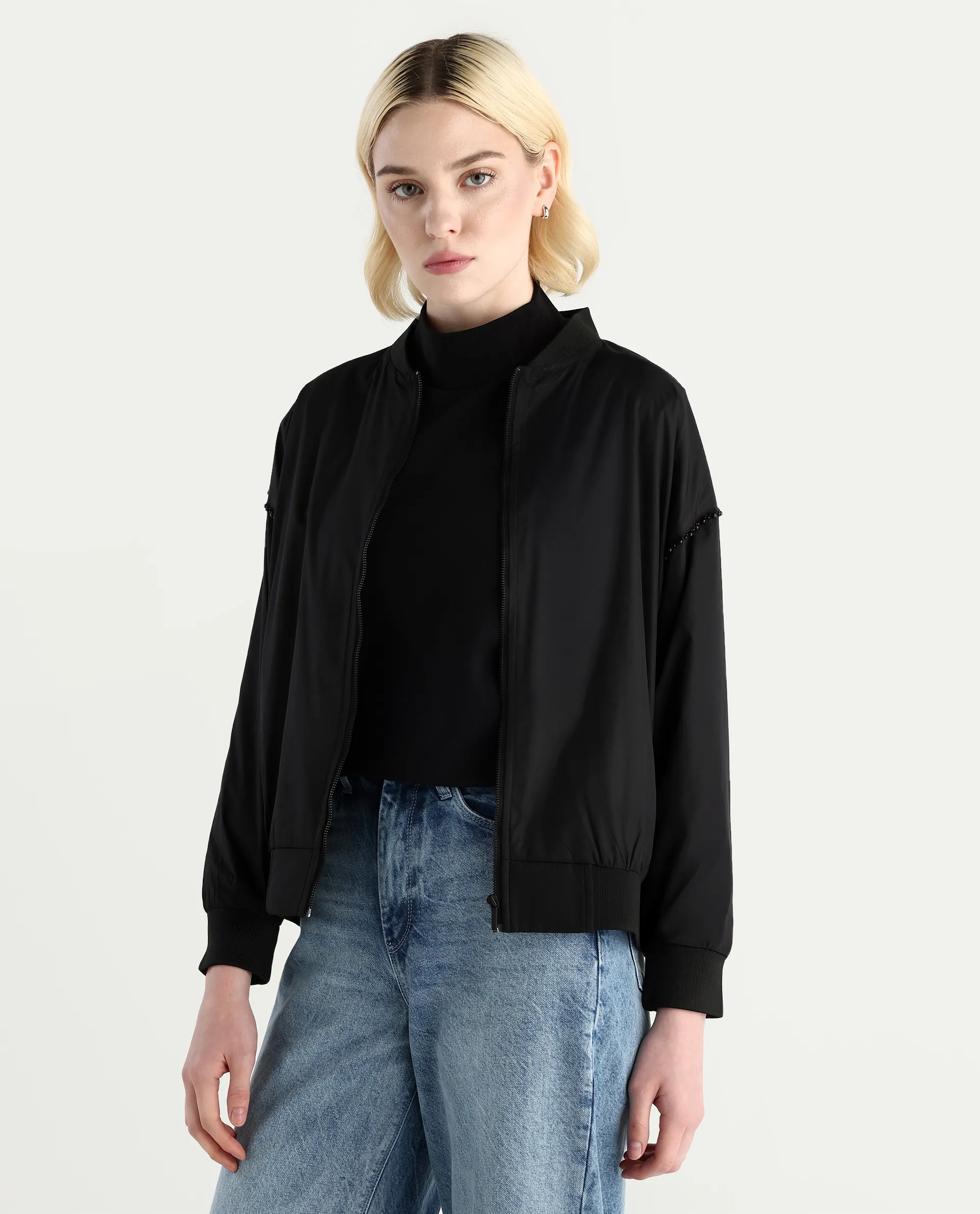 Rareism Women's Nifreen Black Polyester Rib Collar Boxy Plain Jacket - Image 7