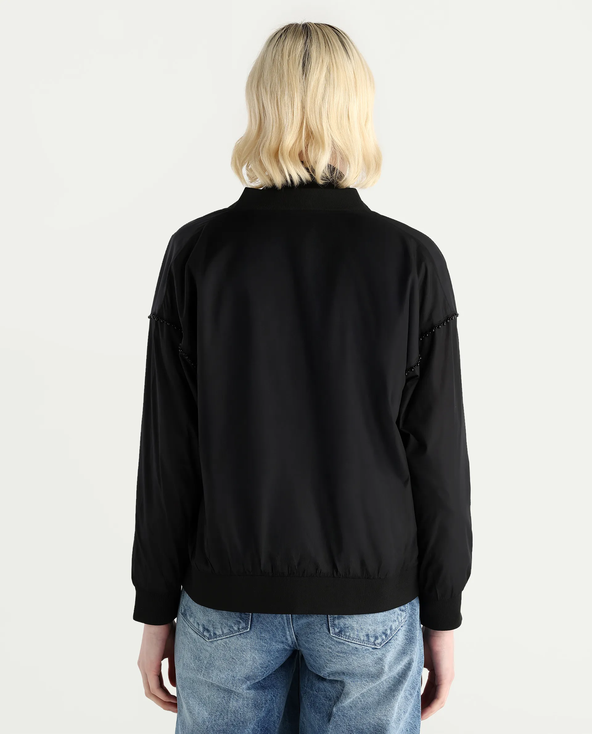 Rareism Women's Nifreen Black Polyester Rib Collar Boxy Plain Jacket - Image 8