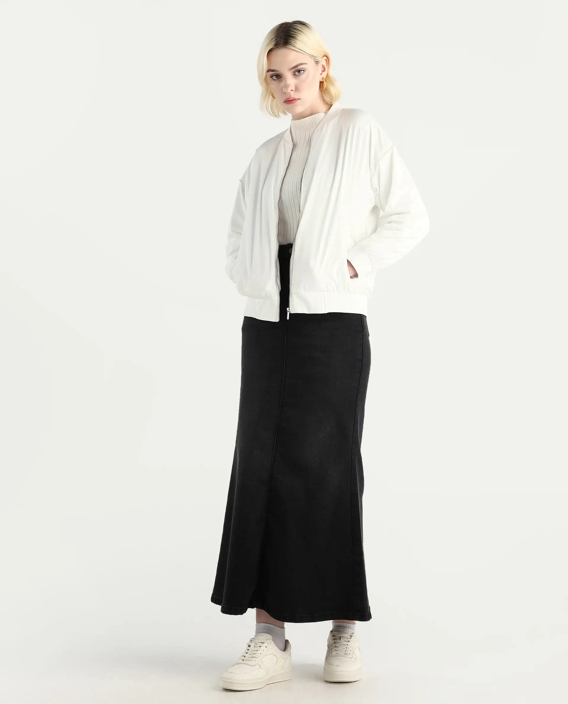 Rareism Women's Nifreen Off White Polyester Rib Collar Boxy Fit Plain Jacket - Image 2