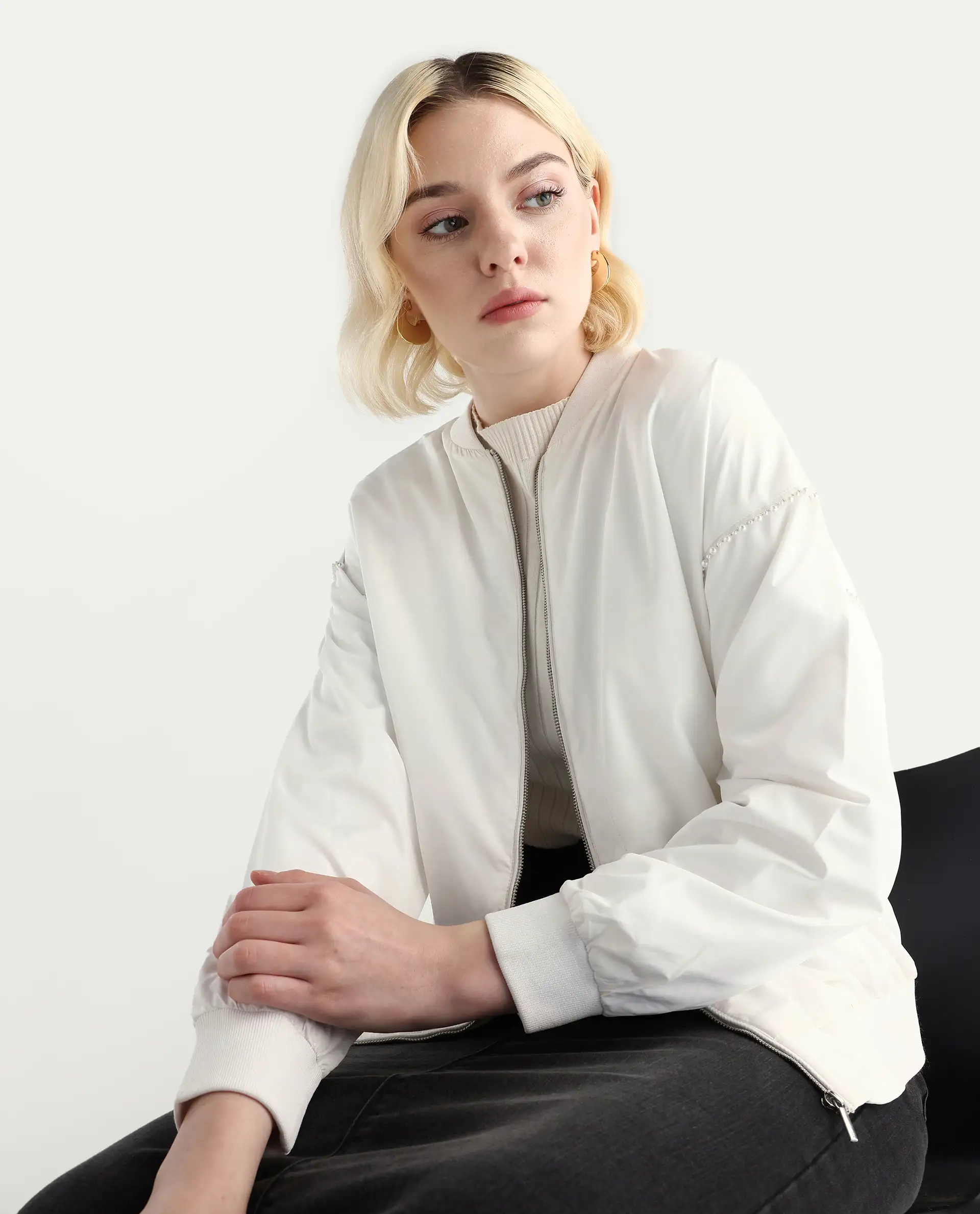 Rareism Women's Nifreen Off White Polyester Rib Collar Boxy Fit Plain Jacket - Image 4