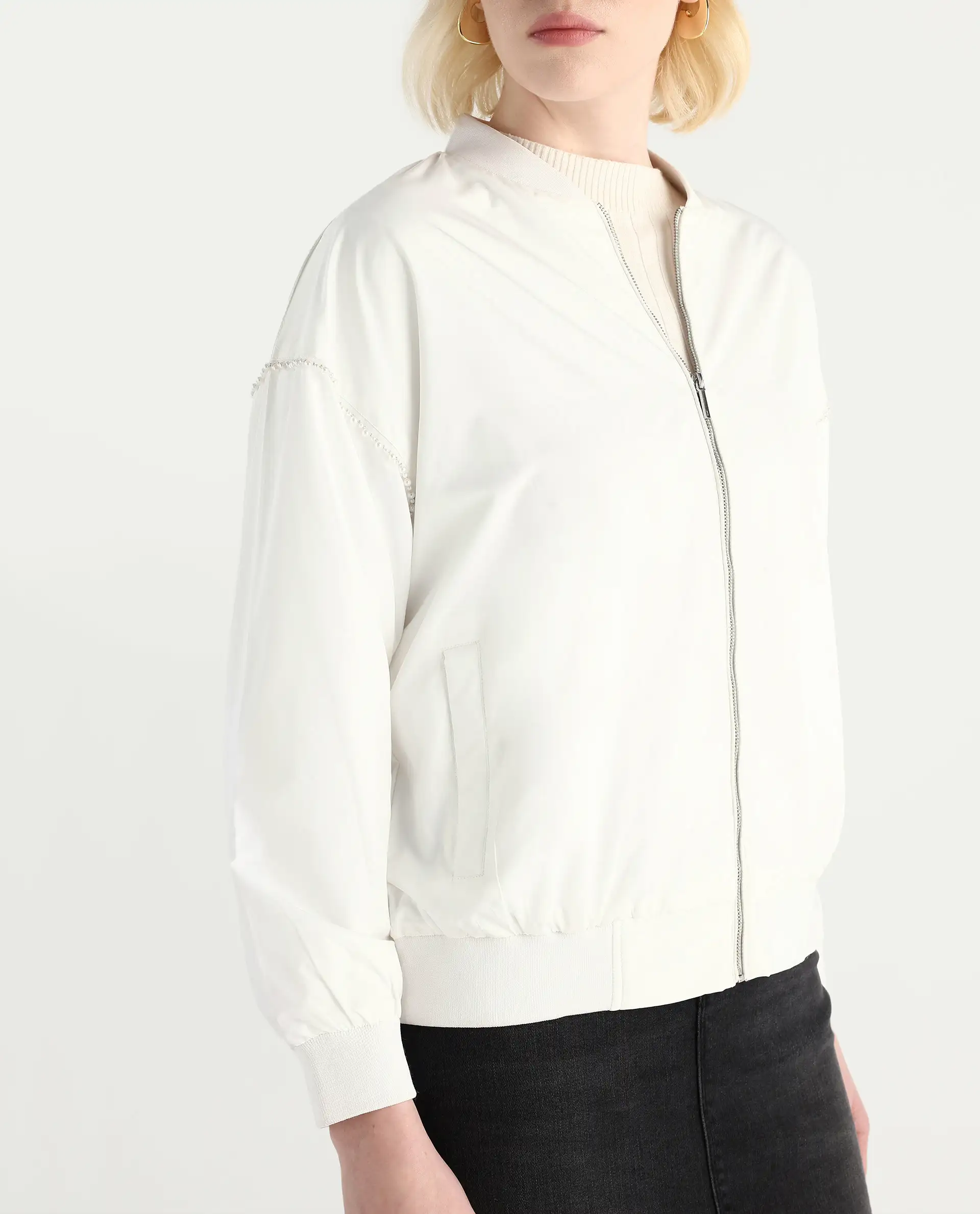 Rareism Women's Nifreen Off White Polyester Rib Collar Boxy Fit Plain Jacket - Image 5