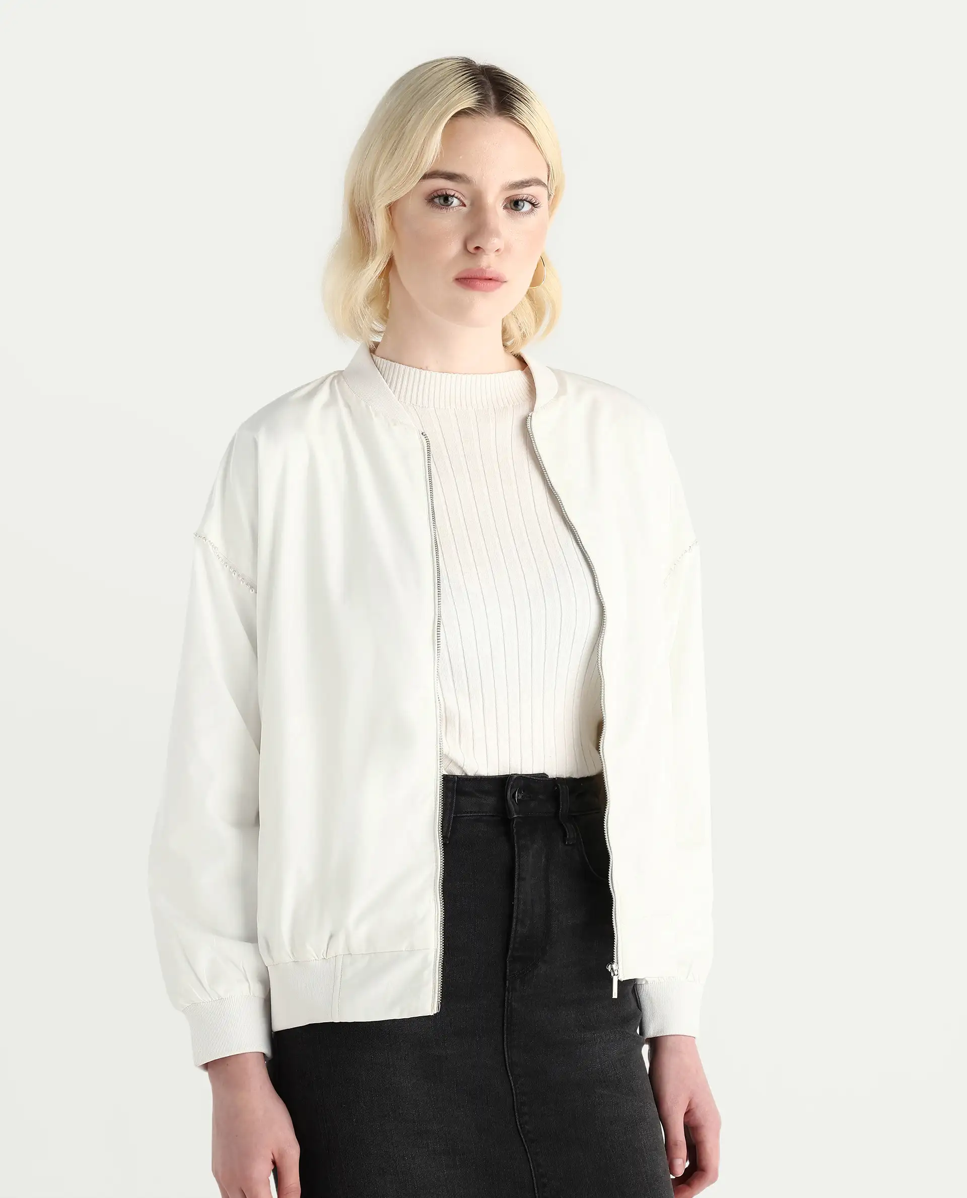 Rareism Women's Nifreen Off White Polyester Rib Collar Boxy Fit Plain Jacket - Image 6