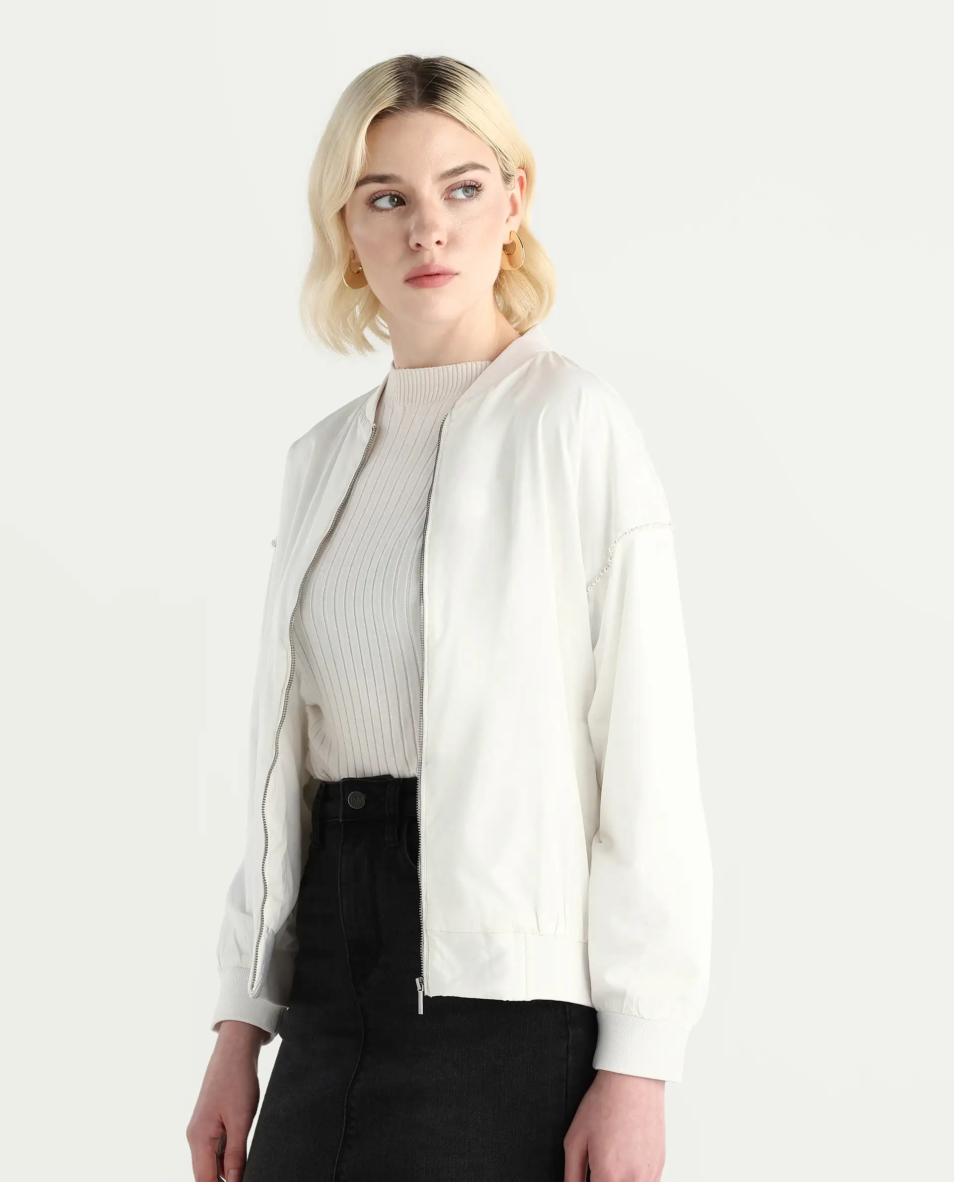 Rareism Women's Nifreen Off White Polyester Rib Collar Boxy Fit Plain Jacket - Image 7