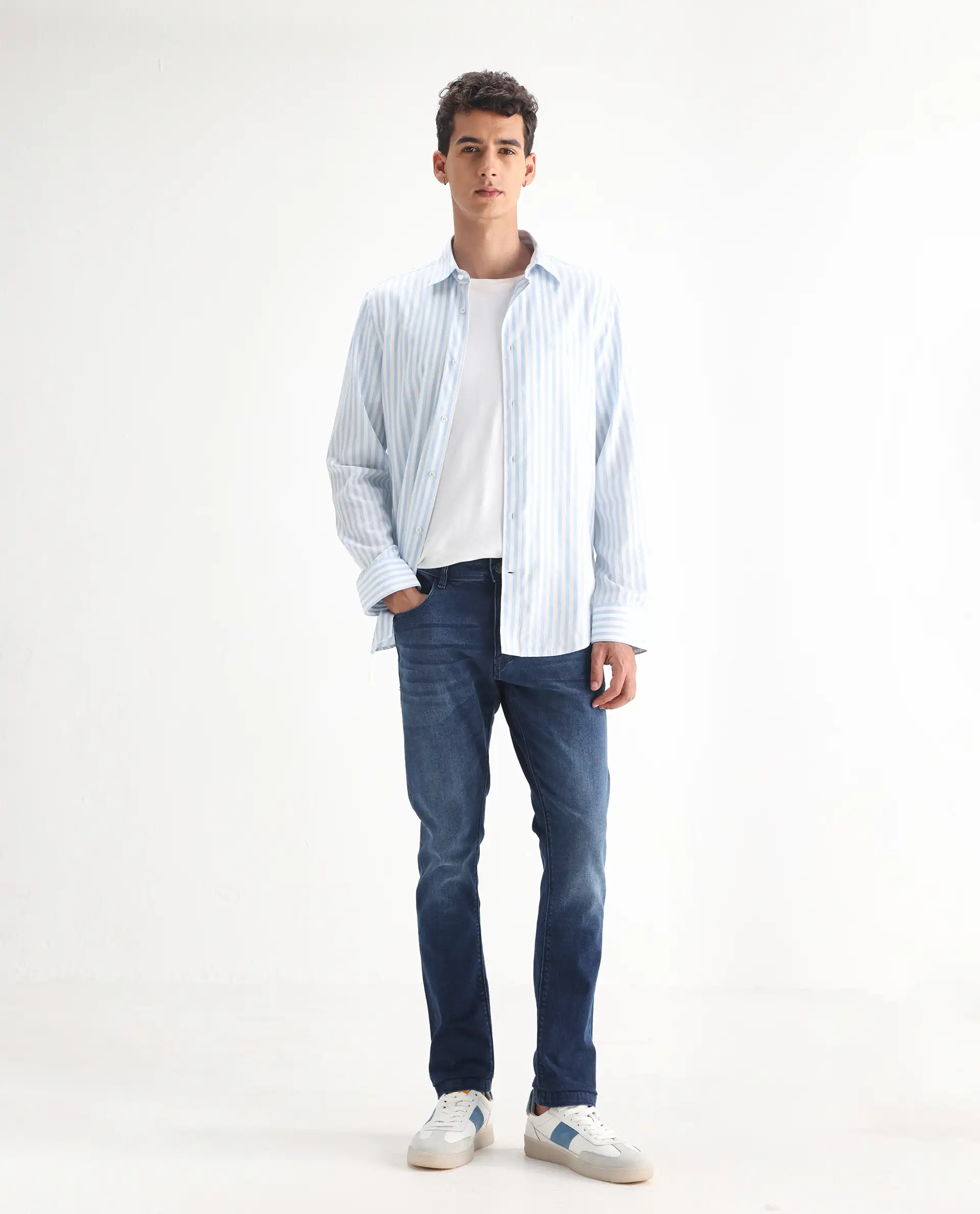 Rare Rabbit Men's Night Dark Blue Cotton Plain Hawk Slim Fit Jeans
