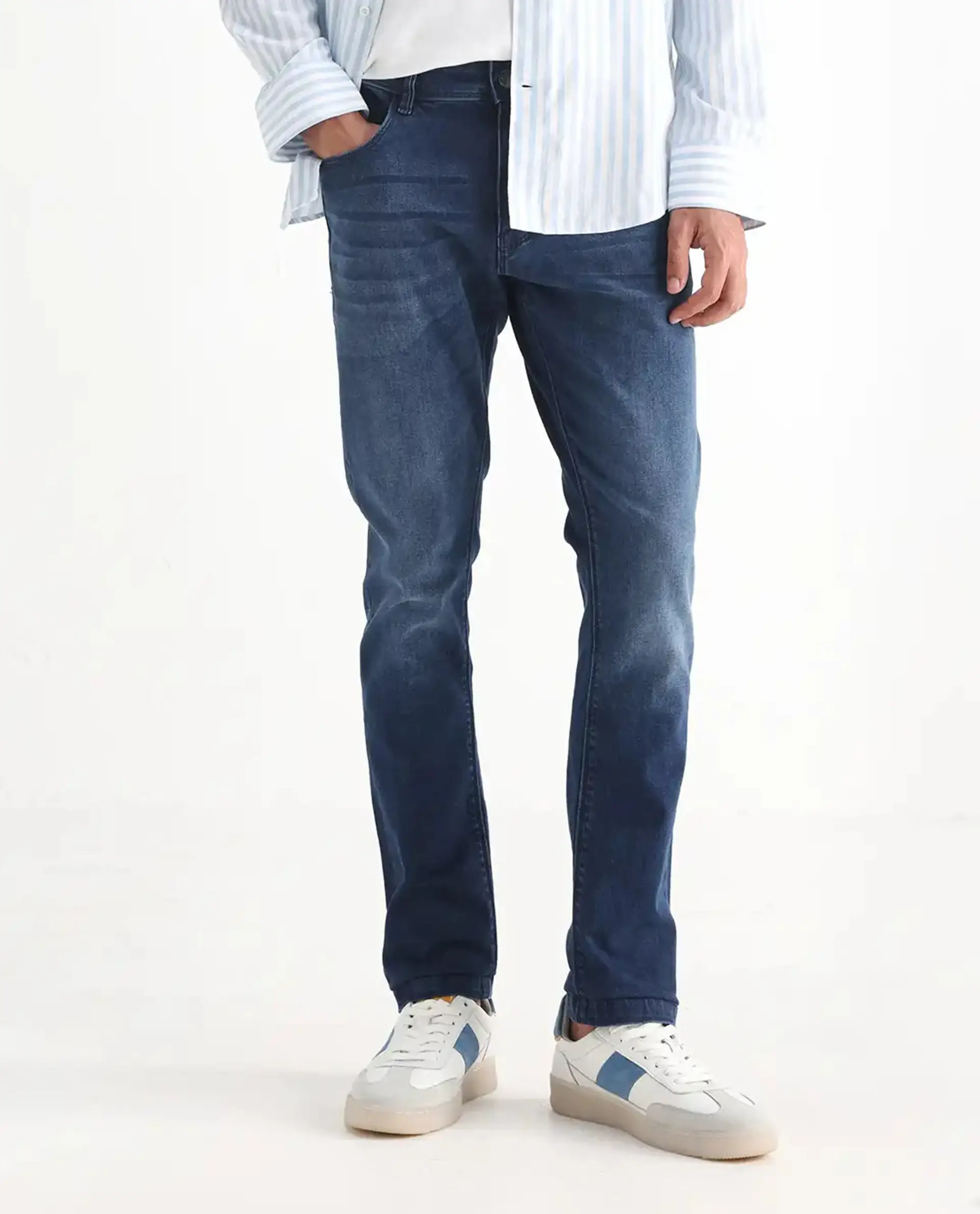 Rare Rabbit Men's Night Dark Blue Cotton Plain Hawk Slim Fit Jeans - Image 10