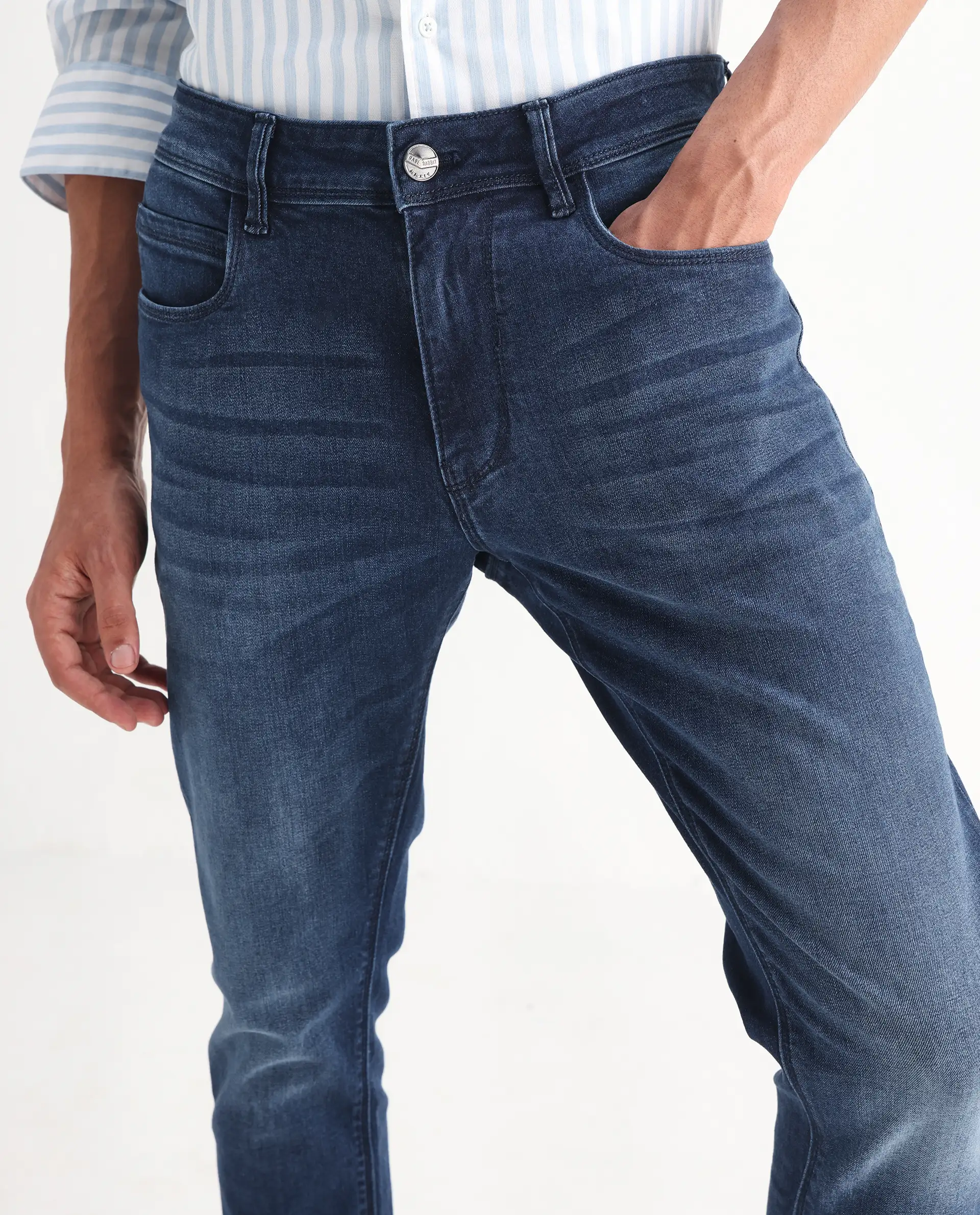 Rare Rabbit Men's Night Dark Blue Cotton Plain Hawk Slim Fit Jeans - Image 2