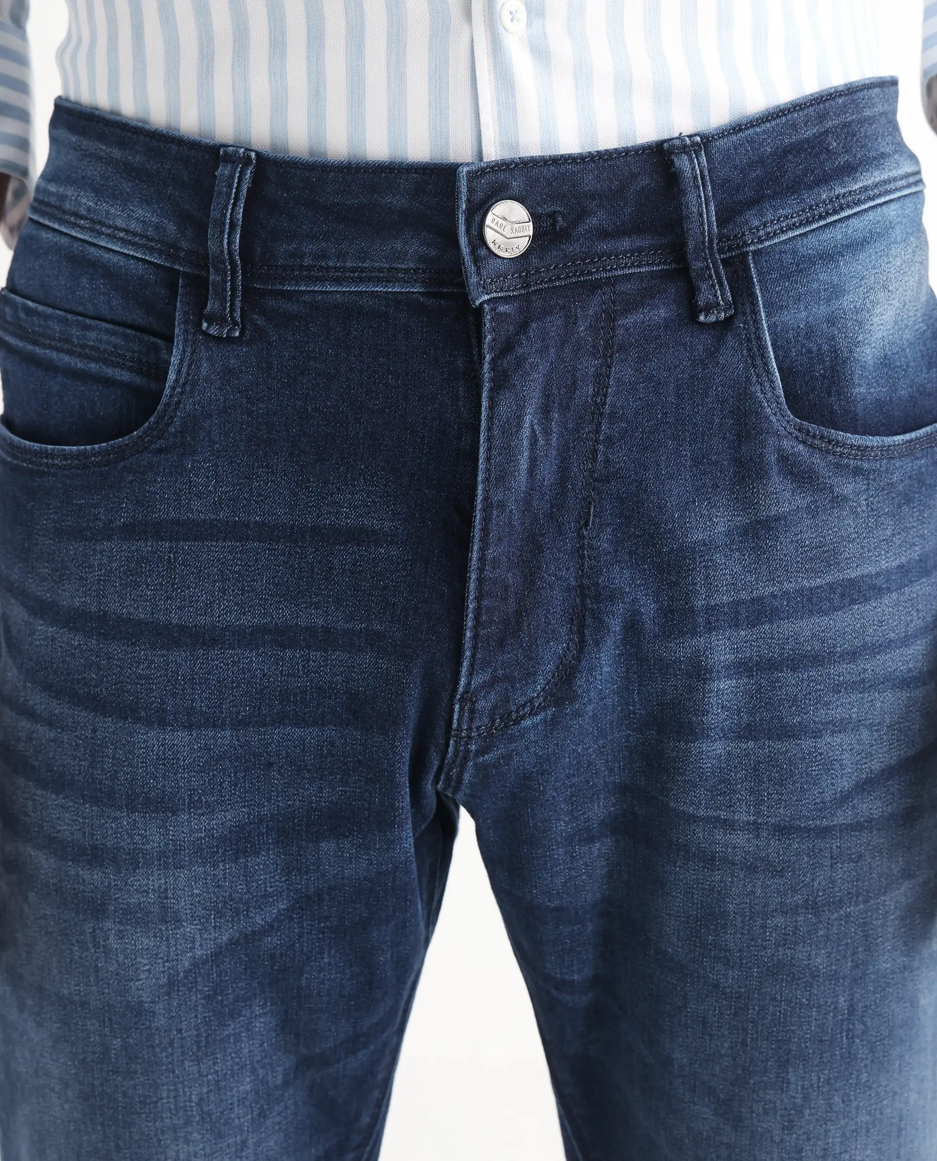Rare Rabbit Men's Night Dark Blue Cotton Plain Hawk Slim Fit Jeans - Image 4