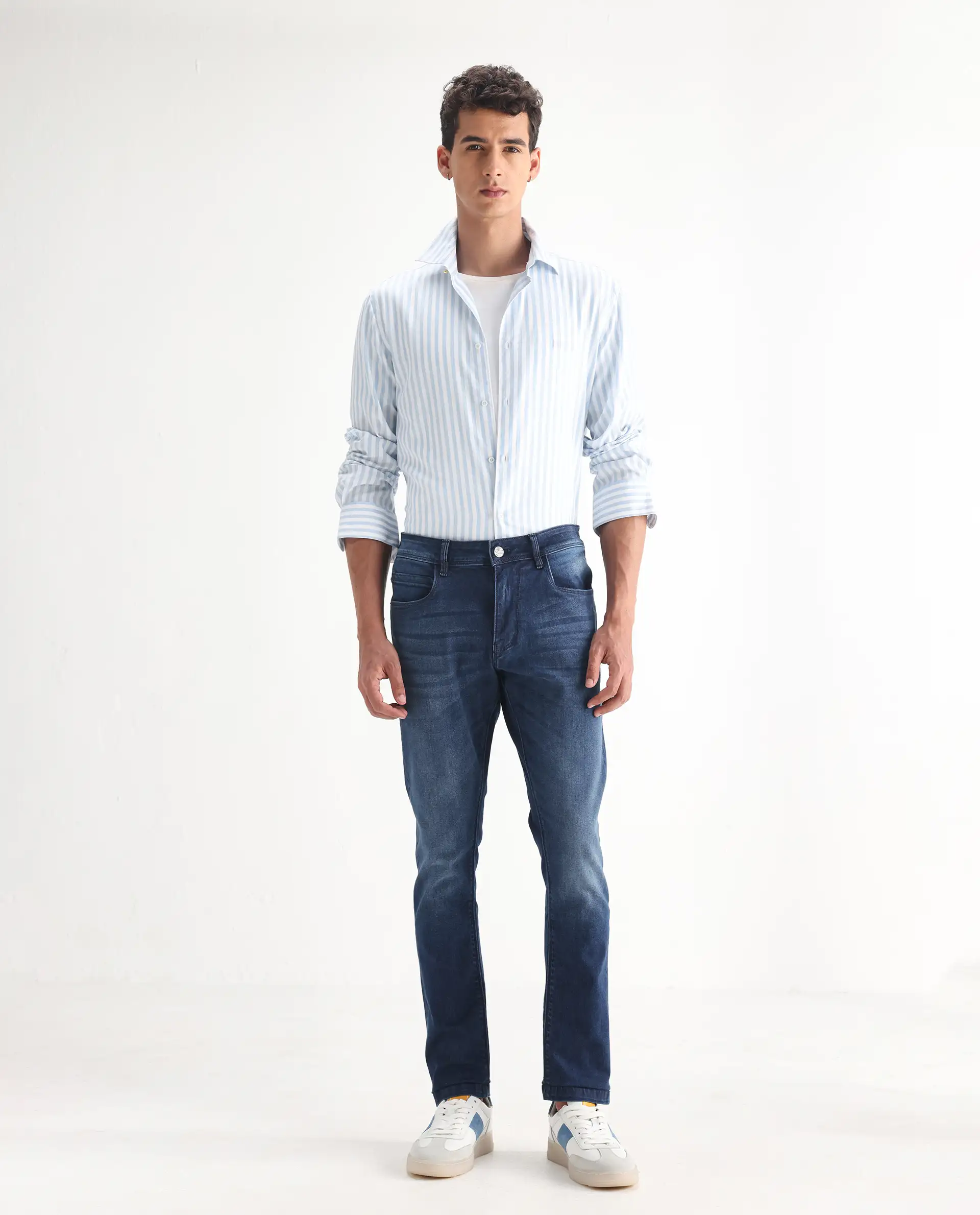 Rare Rabbit Men's Night Dark Blue Cotton Plain Hawk Slim Fit Jeans - Image 8