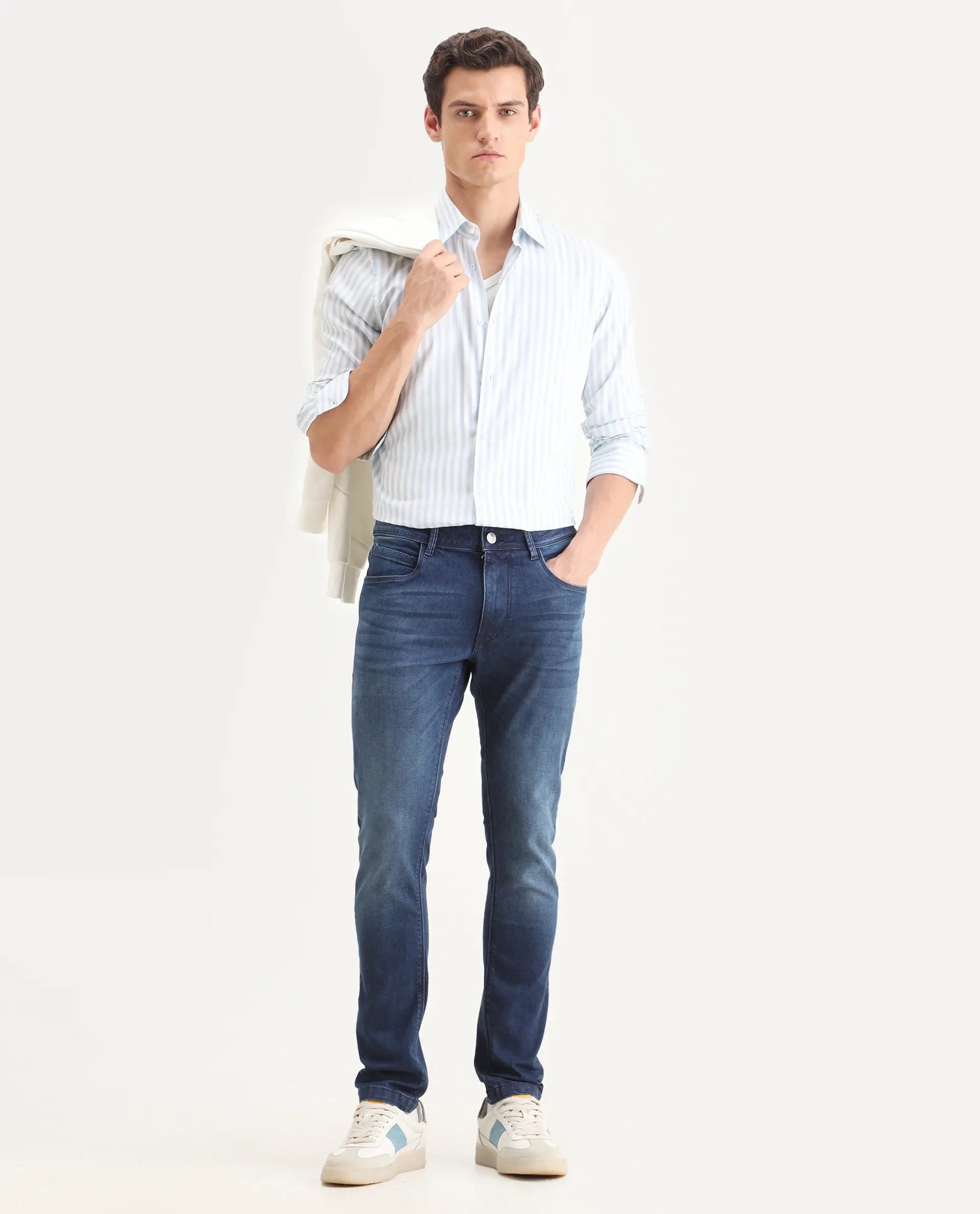 Rare Rabbit Men's Night Dusky Blue Cotton Plain Hawk Slim Fit Jeans
