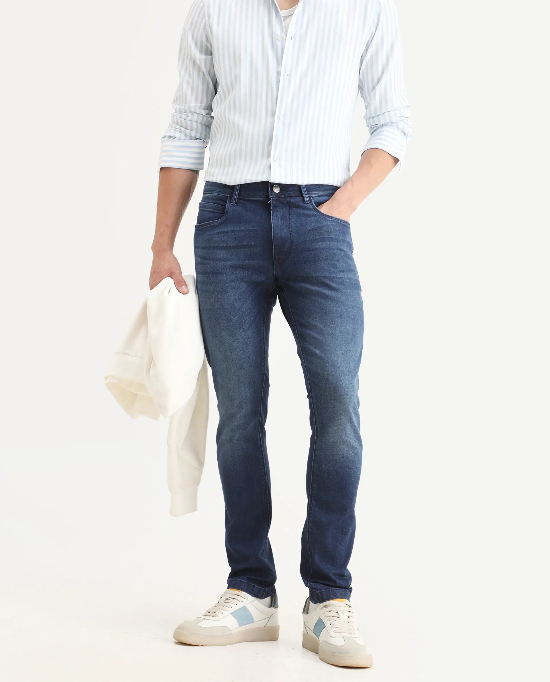 Rare Rabbit Men's Night Dusky Blue Cotton Plain Hawk Slim Fit Jeans - Image 2