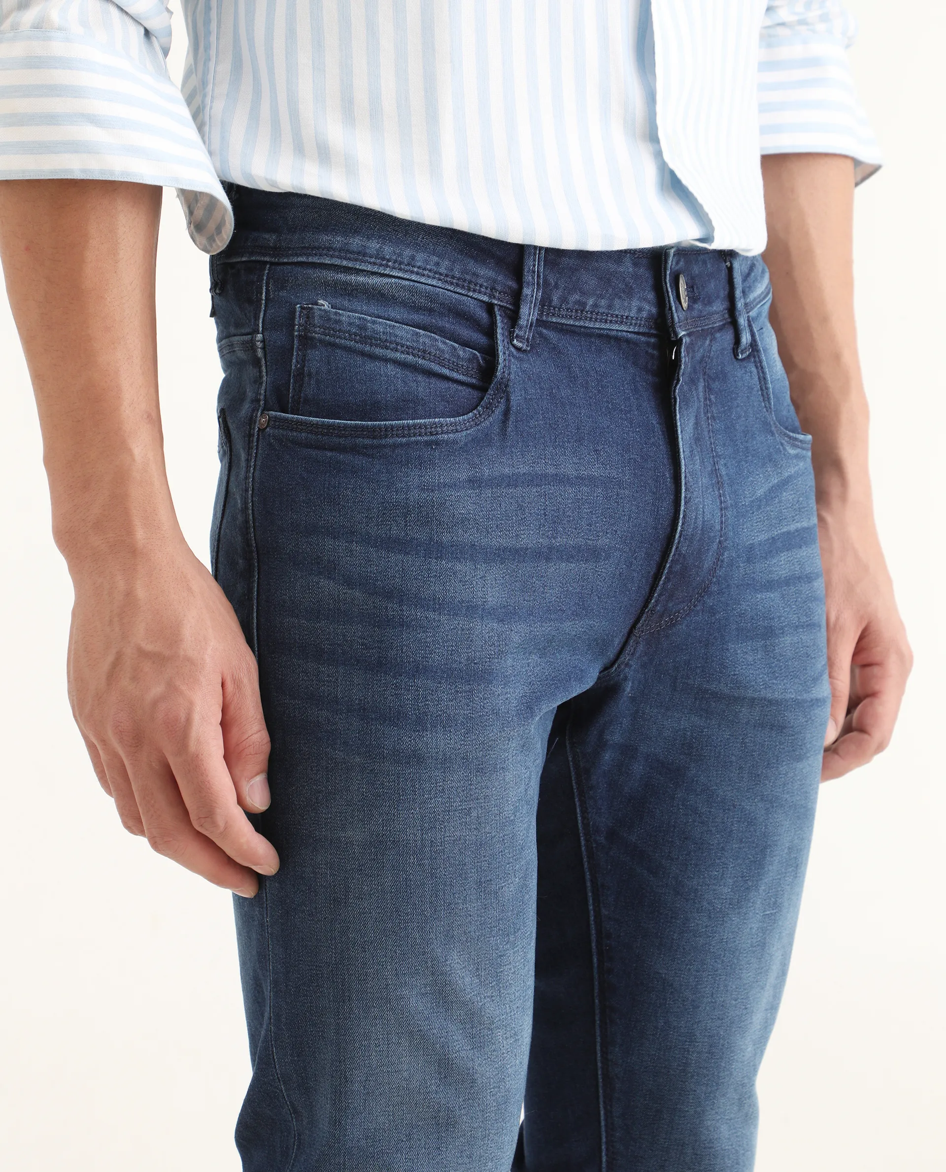 Rare Rabbit Men's Night Dusky Blue Cotton Plain Hawk Slim Fit Jeans - Image 3