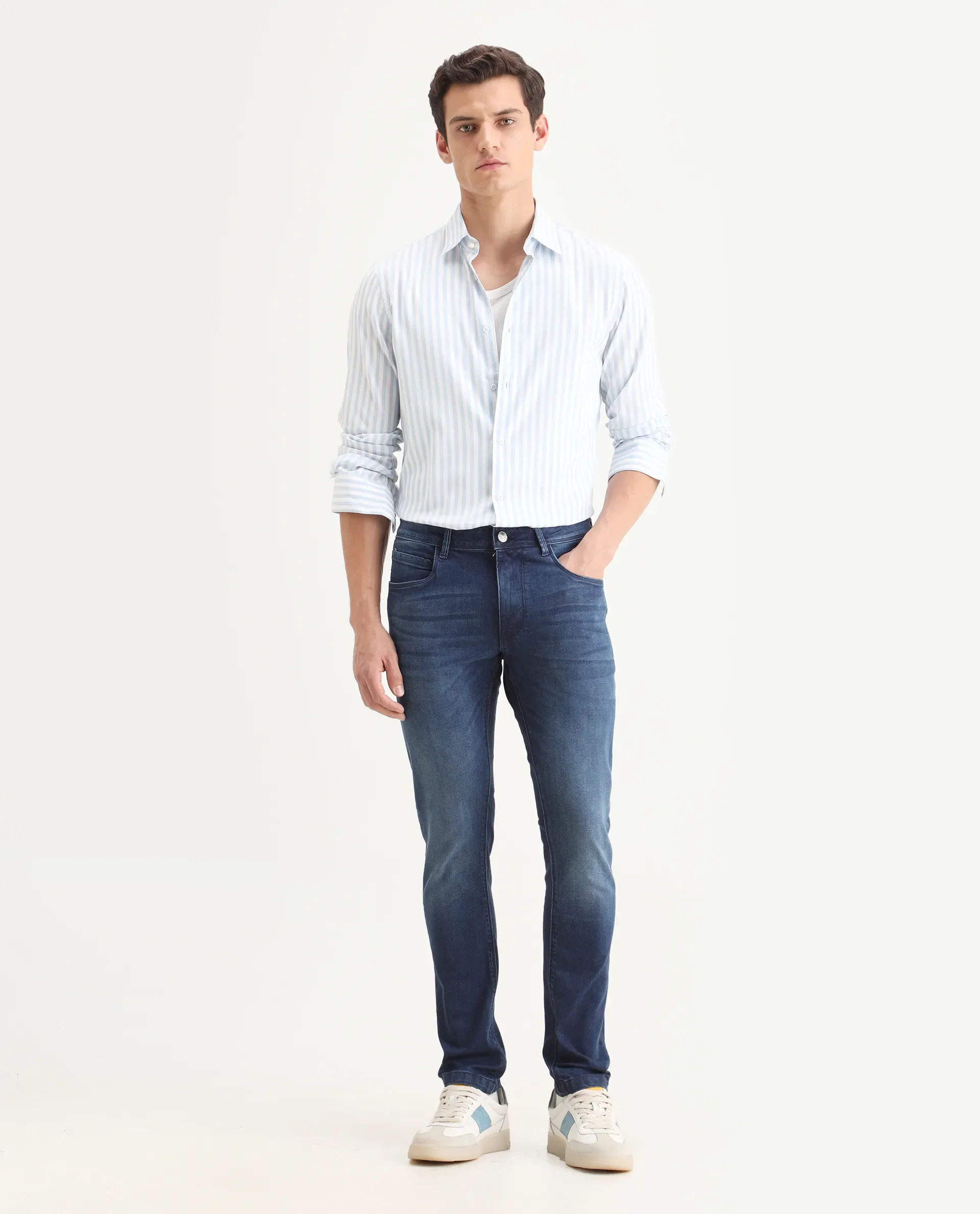 Rare Rabbit Men's Night Dusky Blue Cotton Plain Hawk Slim Fit Jeans - Image 4
